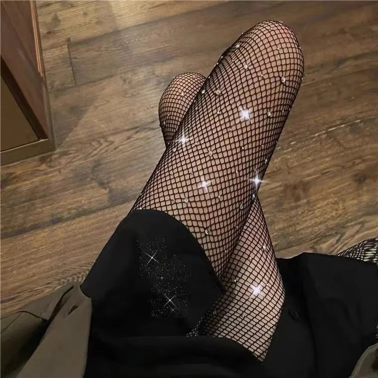 Sparkling Diamond Black Fishnet Stockings for Women - Trendy & Sexy Sheer Hollow Out Stockings - Perfect for Spring Fashion, Parties & Date Nights