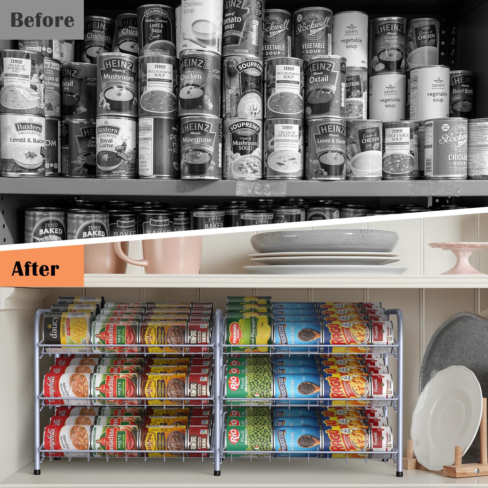 3-Tier Can Organizer for Pantry - Holds 72 Cans | Space-Saving Can Dispenser Rack for Kitchen Cabinets & Countertops | Durable Silver Metal Canned Food Storage Solution (Perfect for Small Kitchens & Pantry Organization)