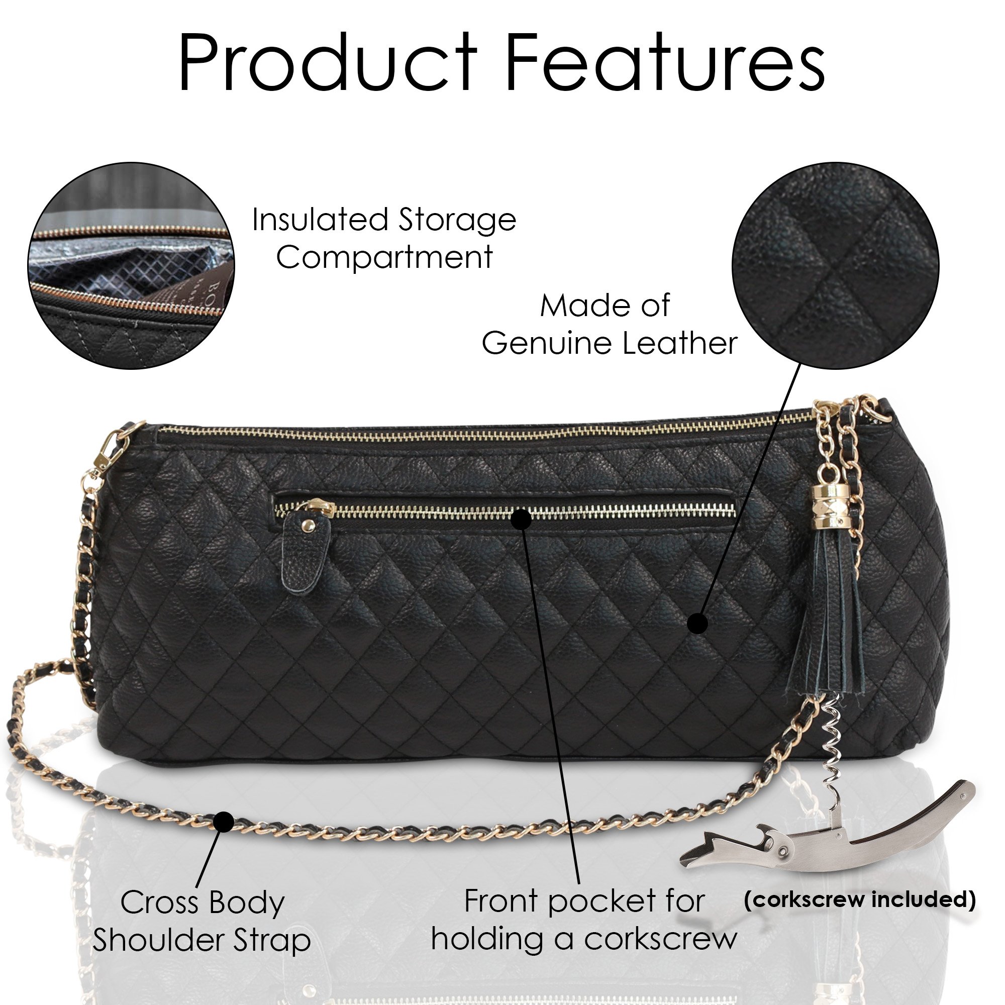 Premium Genuine Leather Insulated Wine Tote Bag - Crossbody Travel Carrier with Shoulder Strap & Built-in Corkscrew | Perfect for Picnics, Parties & Wine Tasting Events (Black)