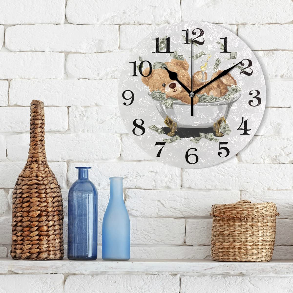 J JOYSAY 9.8 Inch Silent Non-Ticking Rustic Bear Wall Clock - Battery Operated Bathroom Clock for Home, Office, Bedroom & Kitchen Decor | Waterproof & Decorative Art Clock for Bathroom, Spa & Relaxation Areas