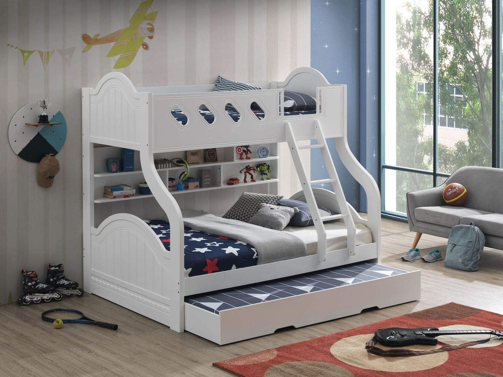 PovKeever Twin/Full Bunk Bed with Storage Drawers, White 38160 - Space-Saving Kids Bedroom Furniture for Small Rooms & Shared Spaces