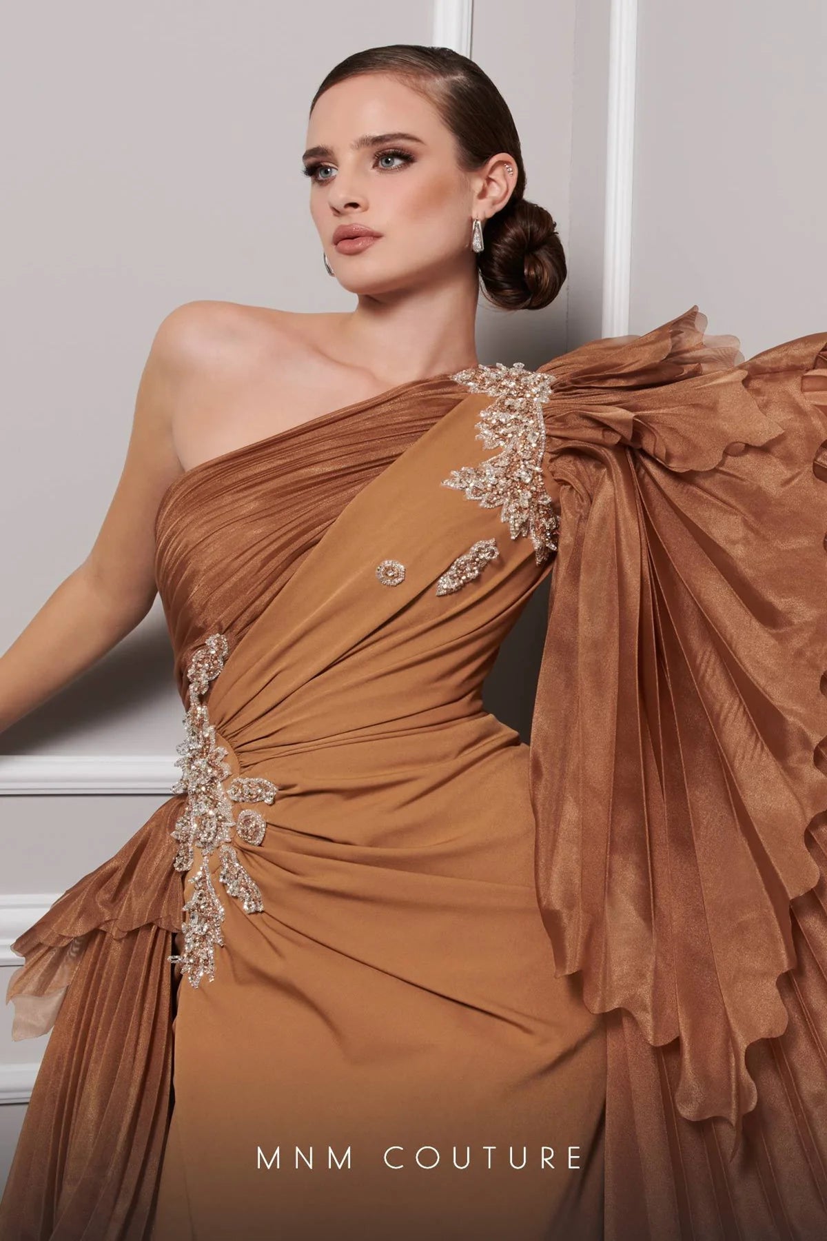 Ariane One Shoulder Long Sleeve Organza Evening Gown - MNM Couture F02801 | Elegant Prom Dress, Wedding Guest Gown & Formal Party Wear