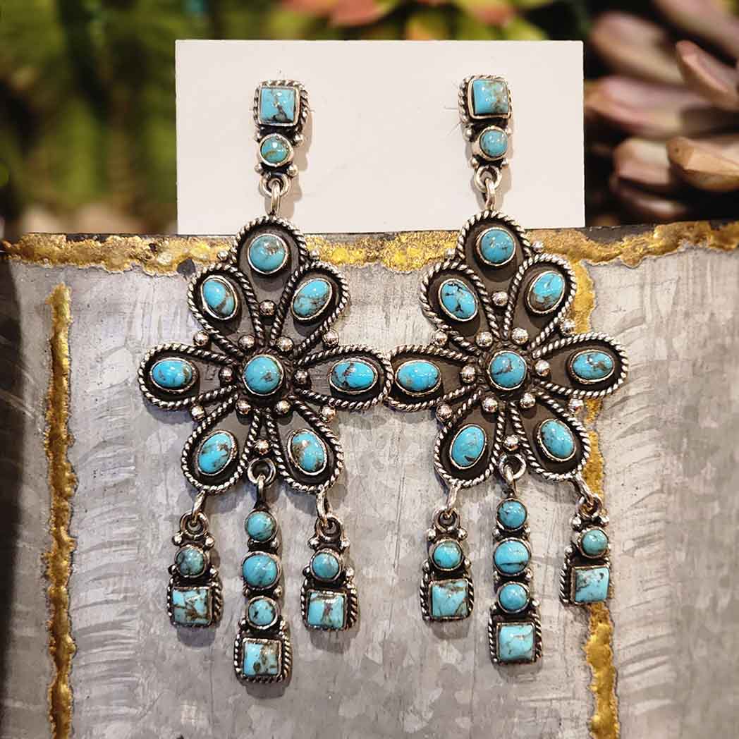 Kenley Kingman Turquoise Chandelier Dangle Earrings for Women - Handmade Southwest Style Jewelry for Parties, Weddings & Boho Fashion