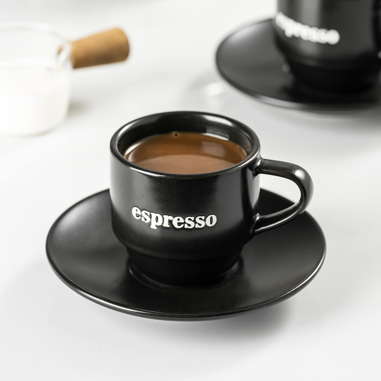 LYEOBOH 4oz Porcelain Espresso Cups with Saucers Set - 6 Stackable Demitasse Coffee Mugs with Metal Stand for Latte, Cappuccino, Mocha & Tea - Perfect for Home Cafes, Coffee Shops & Gifts