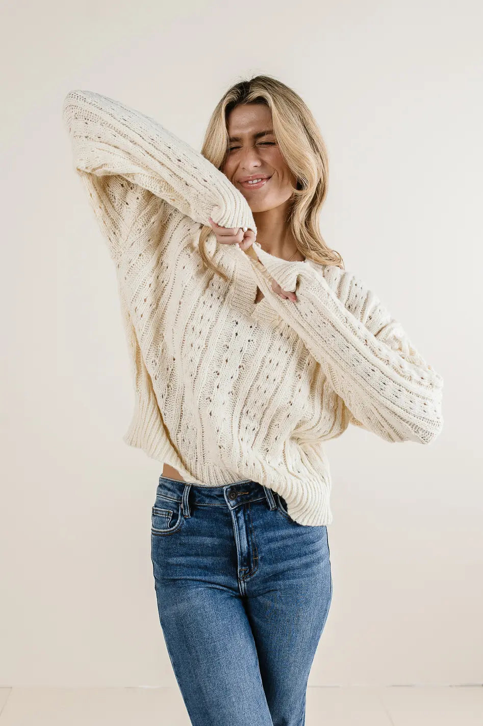 Emilia Knit Sweater Women's Cream Pullover - Cozy Winter Casual Wear for Office & Date Nights