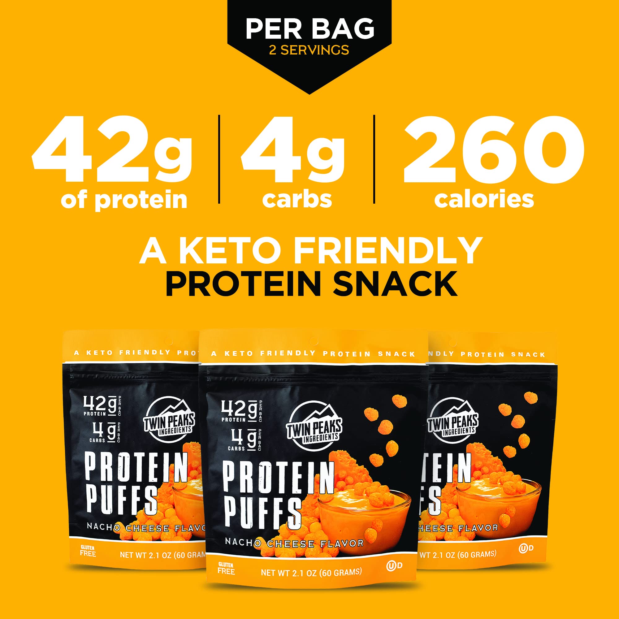Twin Peaks Low Carb Keto Protein Puffs - Nacho Cheese Flavor (3 Pack, 60g Total, 42g Protein, 4g Net Carbs) | High Protein Snack for Weight Loss & Keto Diet | Perfect for Office, Gym & Movie Nights