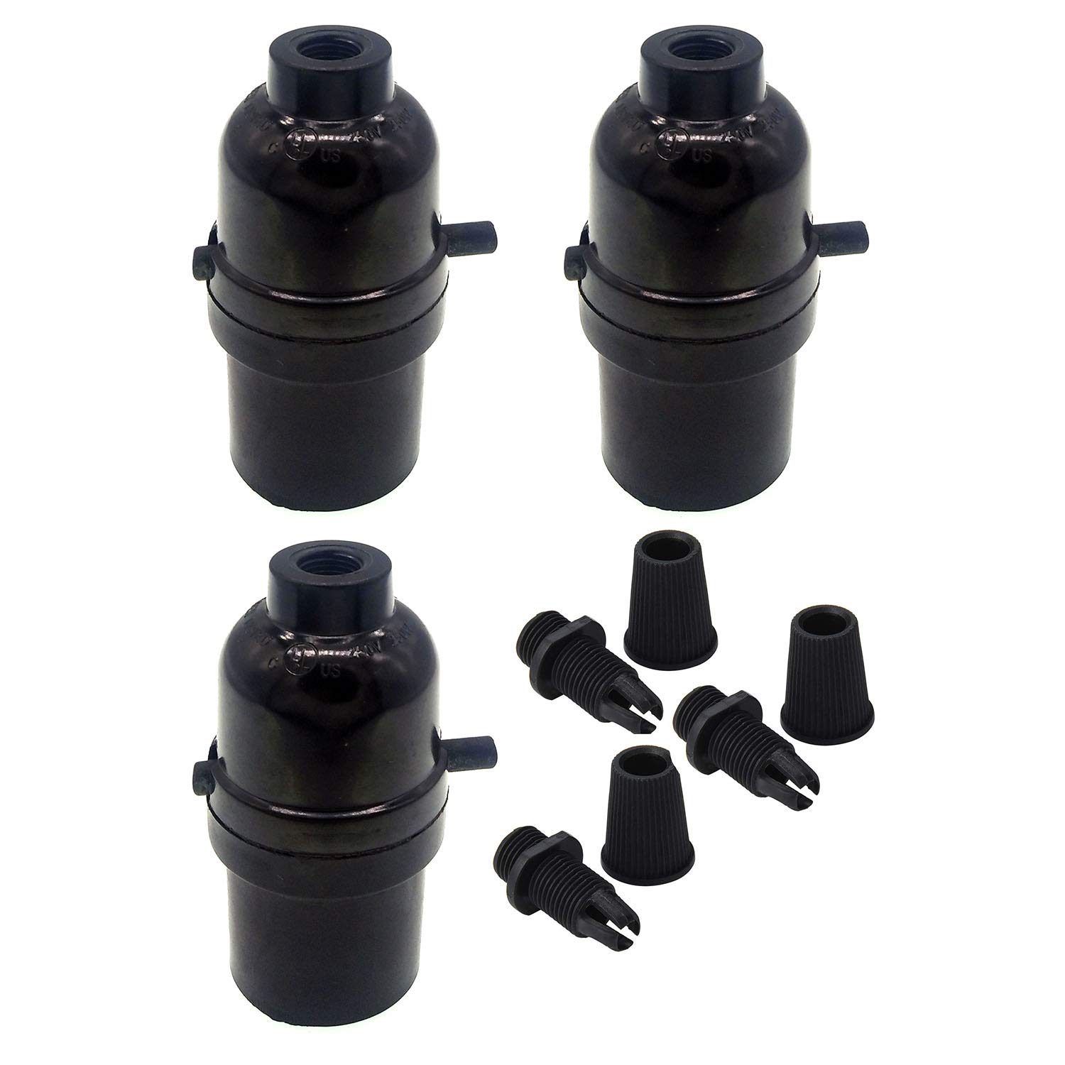3 Pack Black E26 Medium Screw Light Socket with Push Switch - Phenolic Base Edison Retro Pendant Lamp Holder for Vintage Lighting, DIY Projects & Home Decor