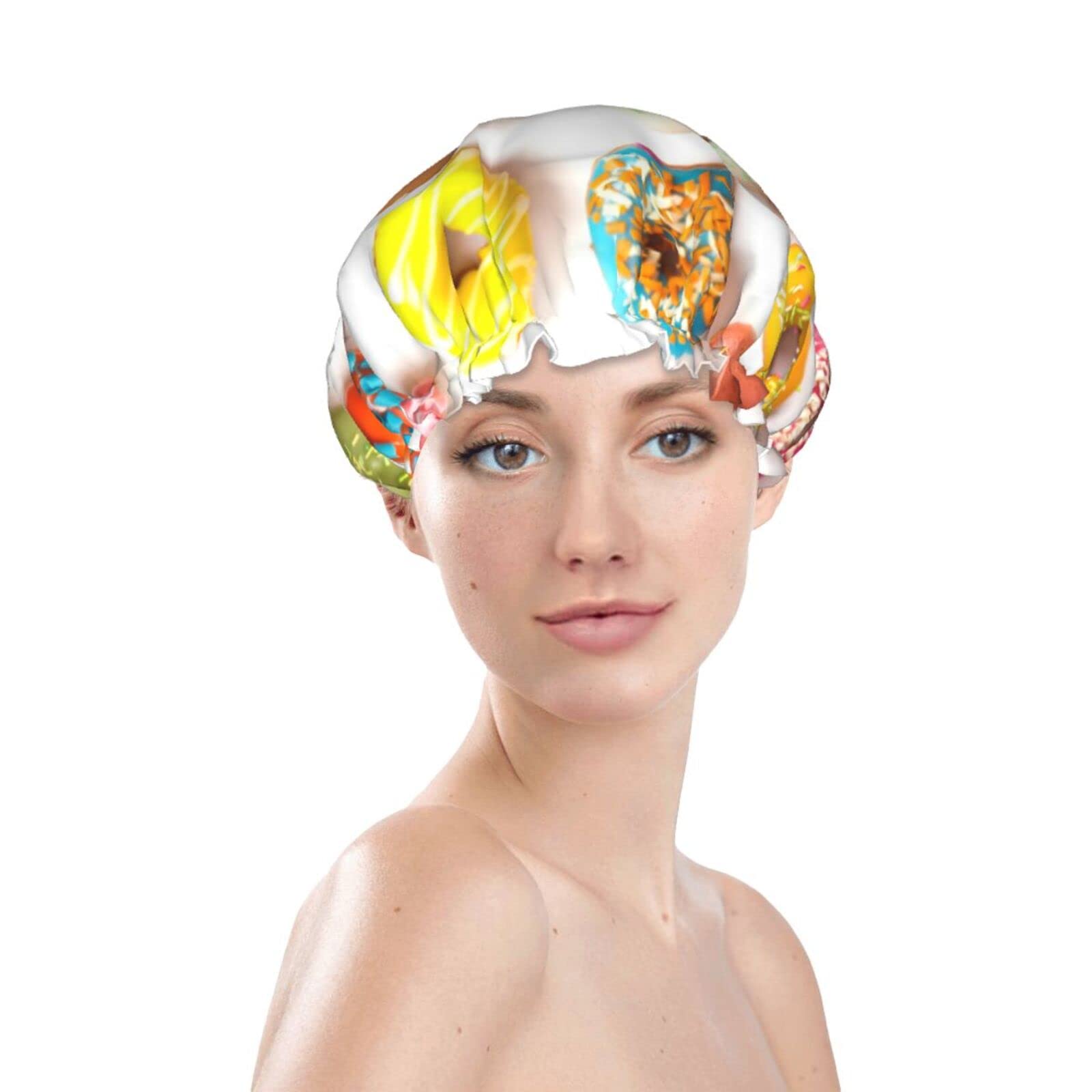 Different Flavors of Donuts Shower Cap for Women - Reusable & Double Waterproof Bathing Hair Cap for Shower - Perfect for Spa, Swimming, Hair Care & Beauty Routines
