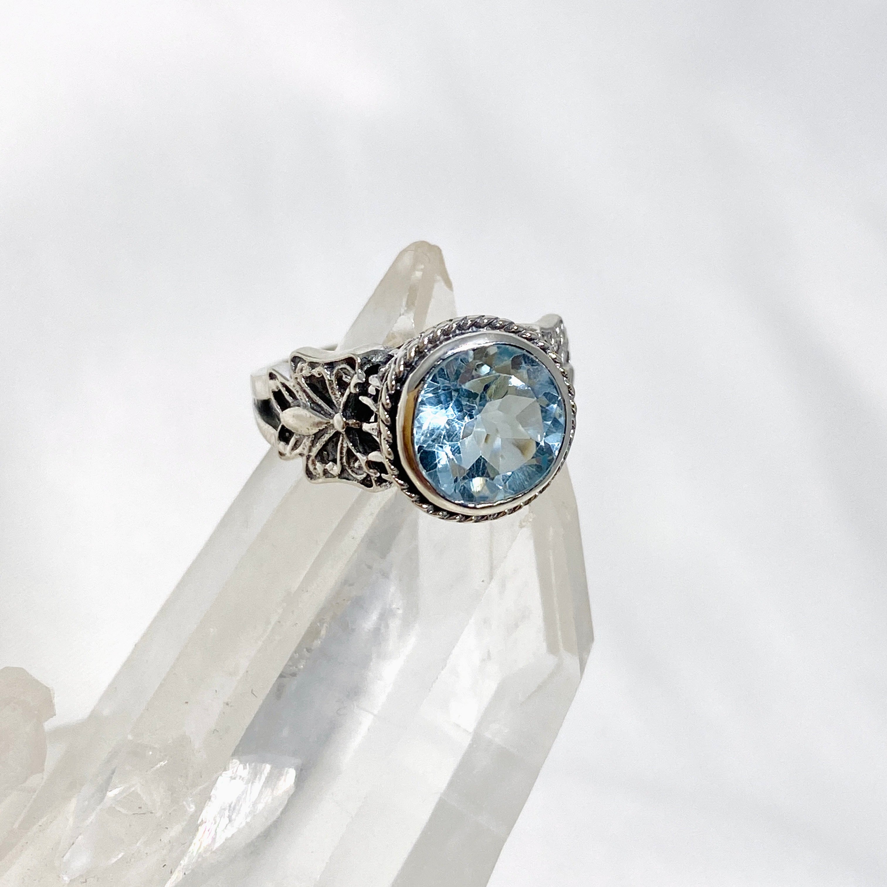 Blue Topaz Faceted Round Ring in Sterling Silver - Elegant Jewelry for Women, Perfect for Weddings, Anniversaries & Special Occasions