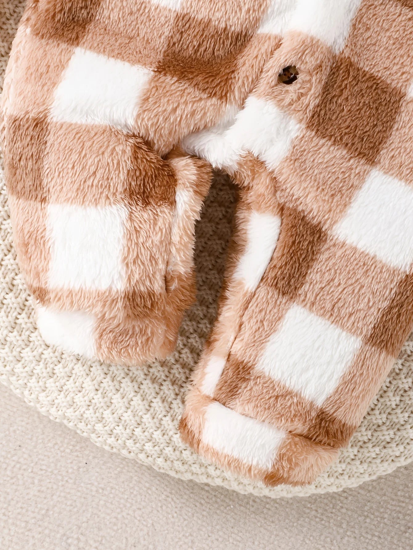 Soft Arctic Velvet Baby Girls' Onesie - Warm Brown Plaid Hooded Romper with Feet for Newborns | Cozy Winter & Fall Outfit for Infants