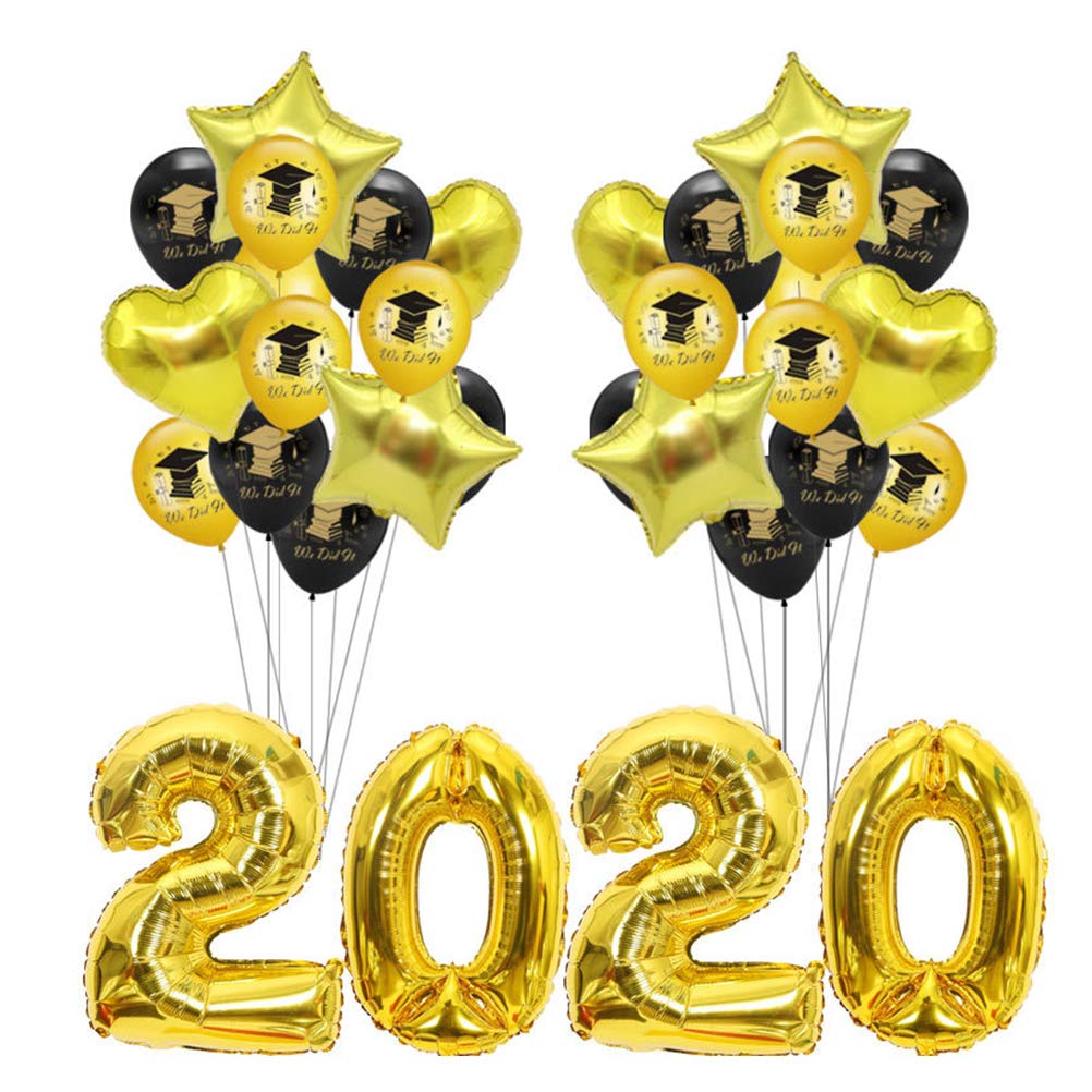 Amosfun 32-Piece Graduation Party Balloon Decorations Kit - 2020 Black & Gold Foil & Latex Balloons for Graduation Ceremony, School Party, Photo Backdrop & Celebration Decor