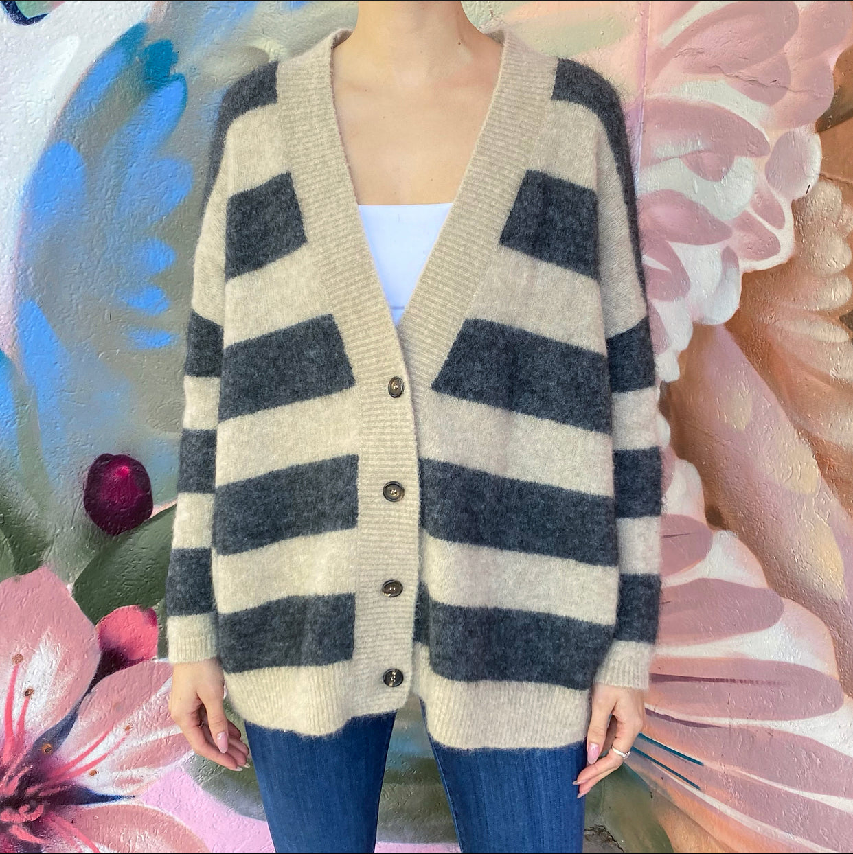 Brunello Cucinelli Beige & Grey Striped Mohair Cardigan Sweater for Women - Soft Luxury Knitwear for Office, Dinner & Fall Layering
