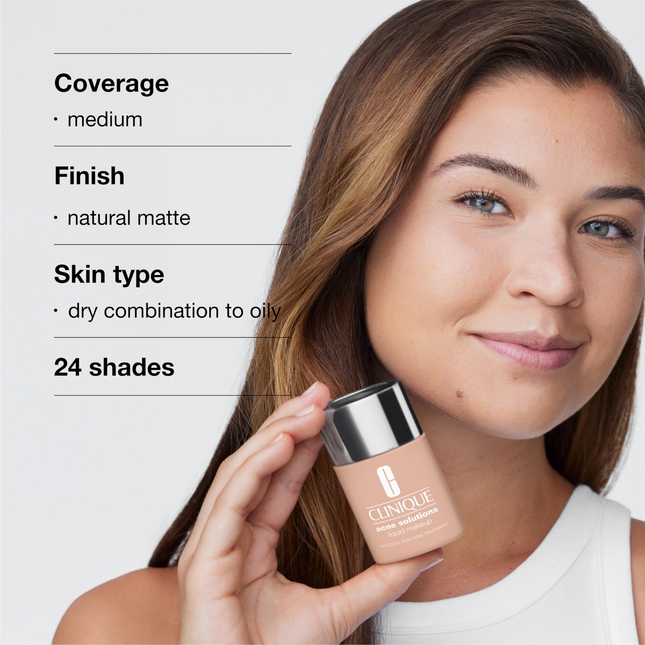 Clinique Acne Solutions Liquid Foundation with Salicylic Acid for Dry, Combination & Oily Skin | Medium Coverage Natural Matte Makeup | Oil-Free Acne Treatment Foundation for Daily Wear & Sensitive Skin
