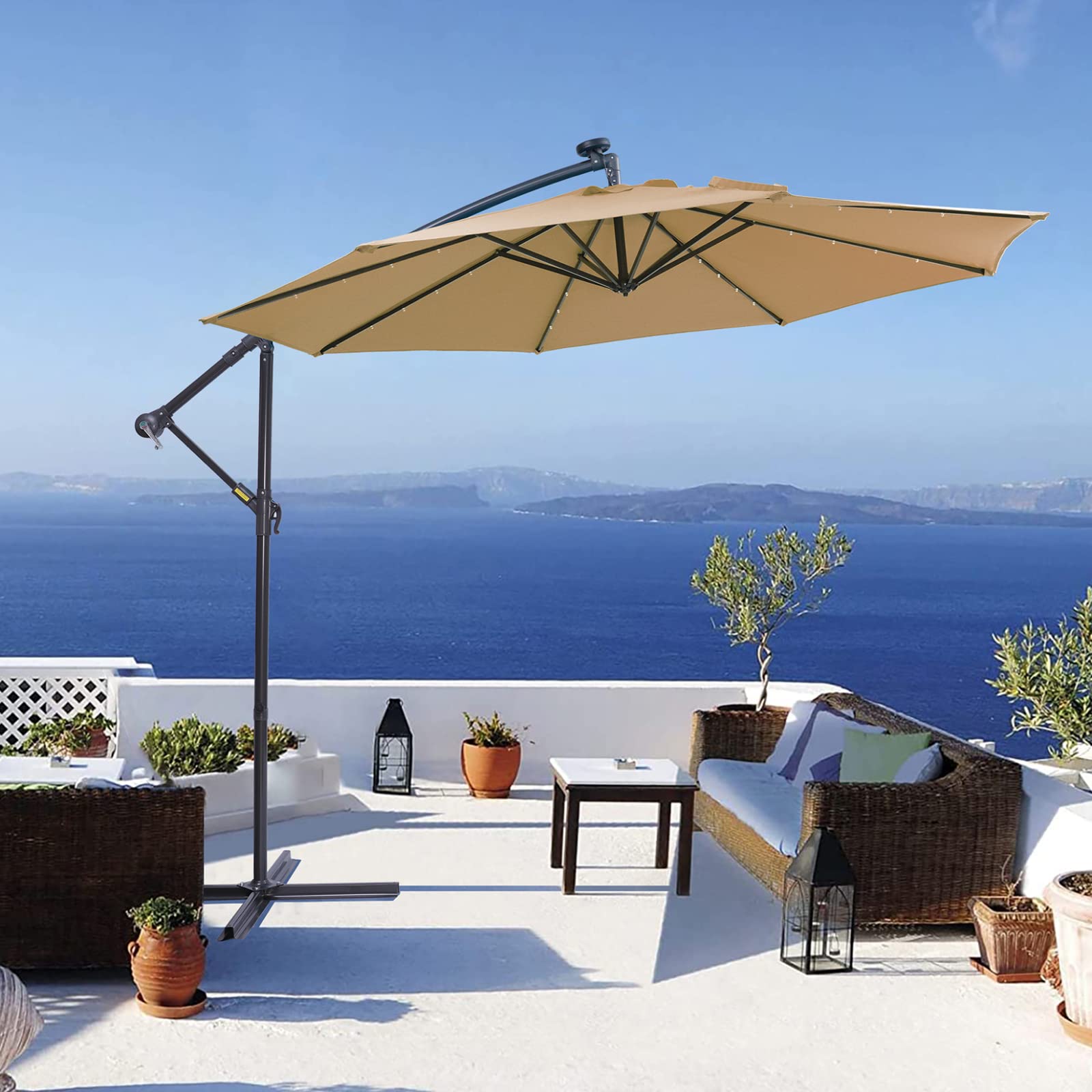 10 FT Solar LED Cantilever Patio Umbrella with Base - 32 Bright LED Lights, Easy Open Adjustable Outdoor Umbrella for Garden, Poolside & Backyard Relaxation