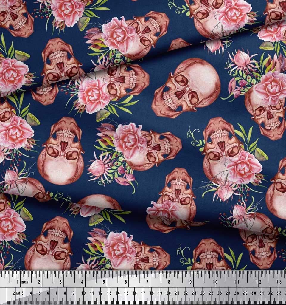 Soimoi Moss Georgette Brown Fabric by The Yard - 42 Inch Wide Skull & Begonia Floral Printed Textile for DIY Fashion, Gothic Clothing, and Home Decor Projects - Edgy Whimsical Fabric for Dresses, Curtains, and Crafting
