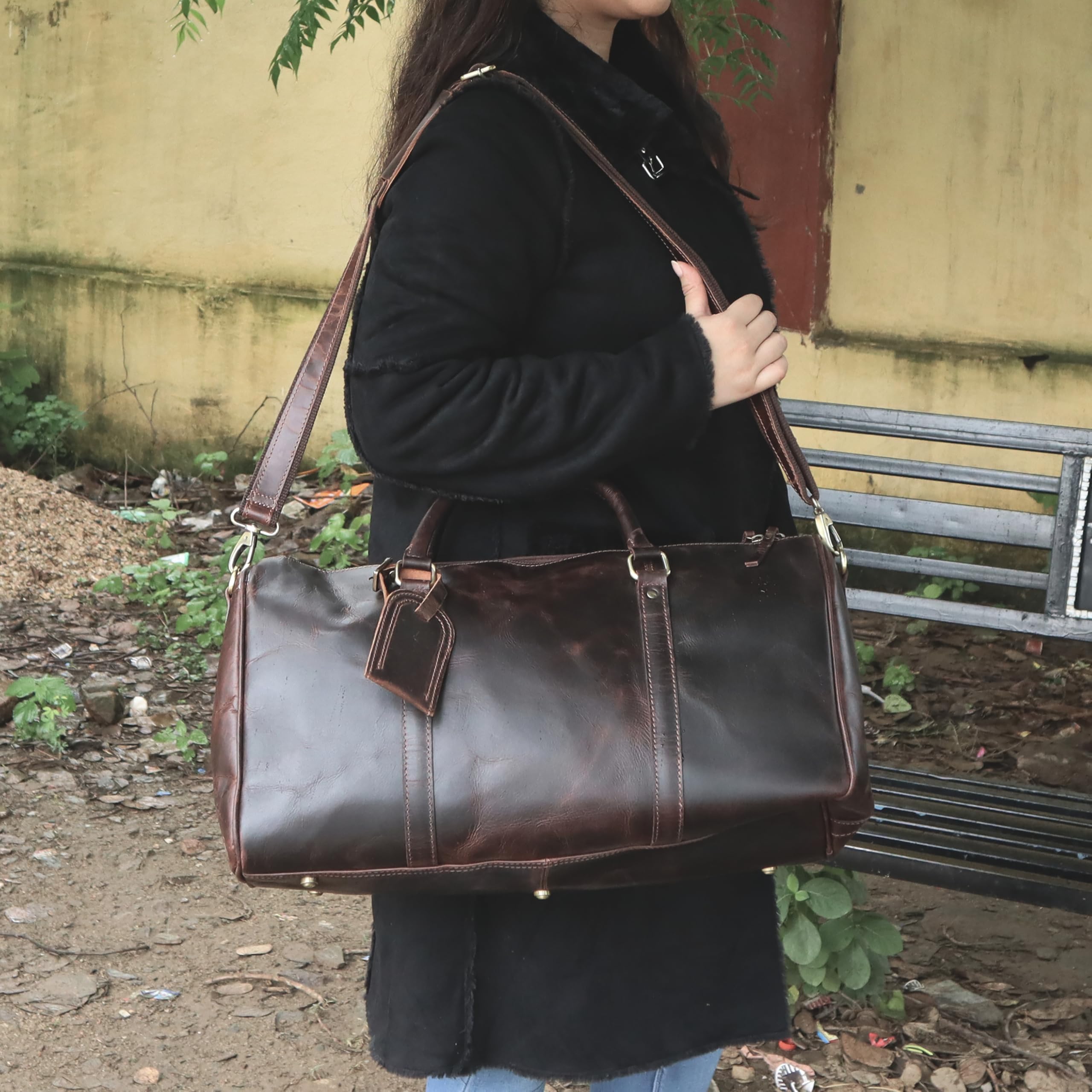 Premium Oversized Dark Brown Full Grain Leather Weekender Bag - Large Travel, Gym & Sports Duffle for Men & Women - Durable Carry-On Luggage for Weekend Trips, Workouts & Business Travel (Dark Brown)