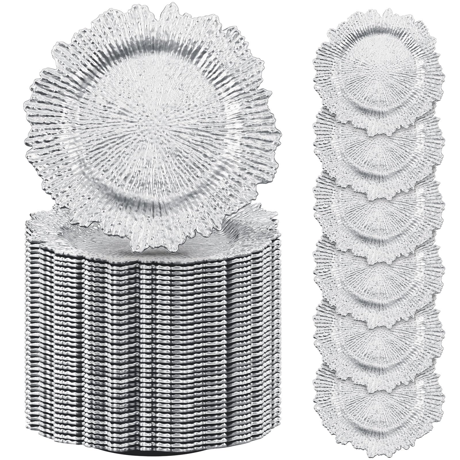 150 Pcs Silver 13 Inch Plastic Charger Plates Bulk - Matte Ruffled Rim Decorative Dinner Plates for Wedding, Party, Holiday & Event Supplies - Perfect for Formal Dining, Buffets & Special Occasions