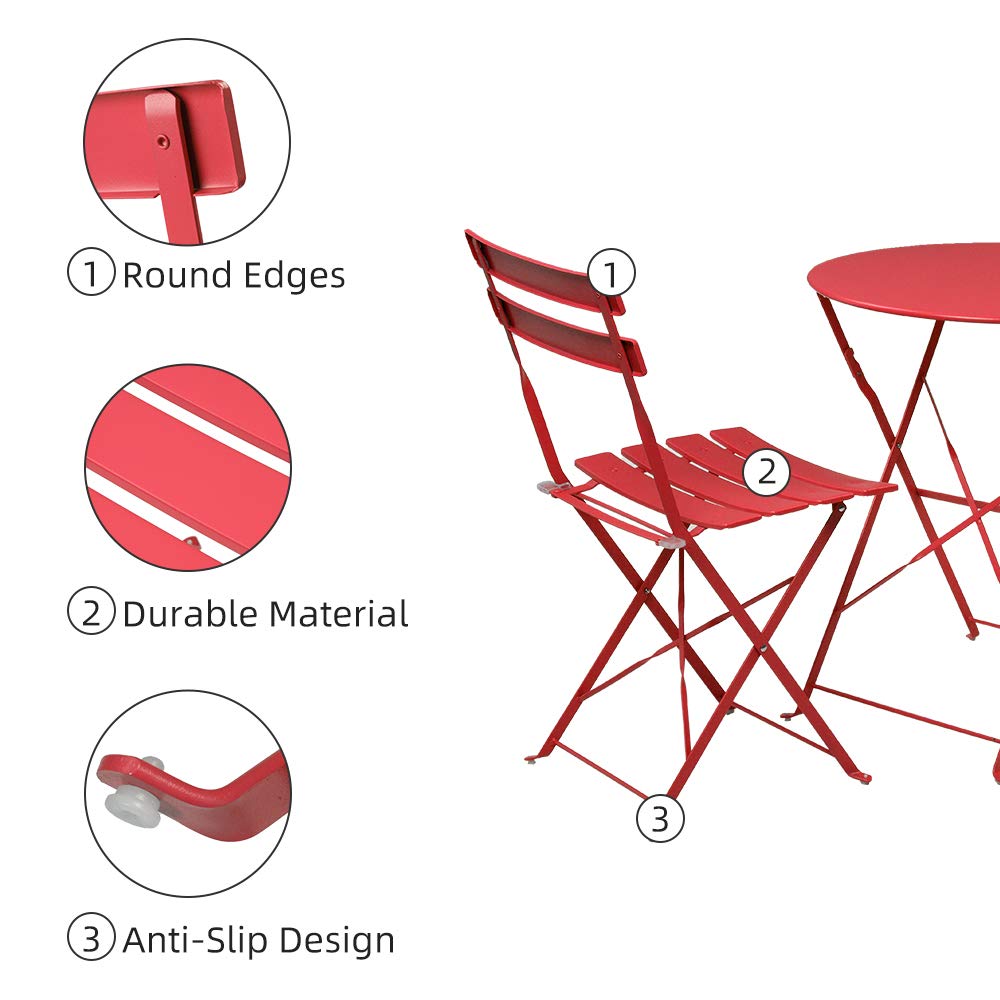 Premium 3-Piece Foldable Steel Outdoor Dining Set - Round Table & Chairs for Patio, Balcony, Garden, Lawn, Porch | Weather-Resistant Red Leisure Furniture for Dining, Relaxing & Social Gatherings