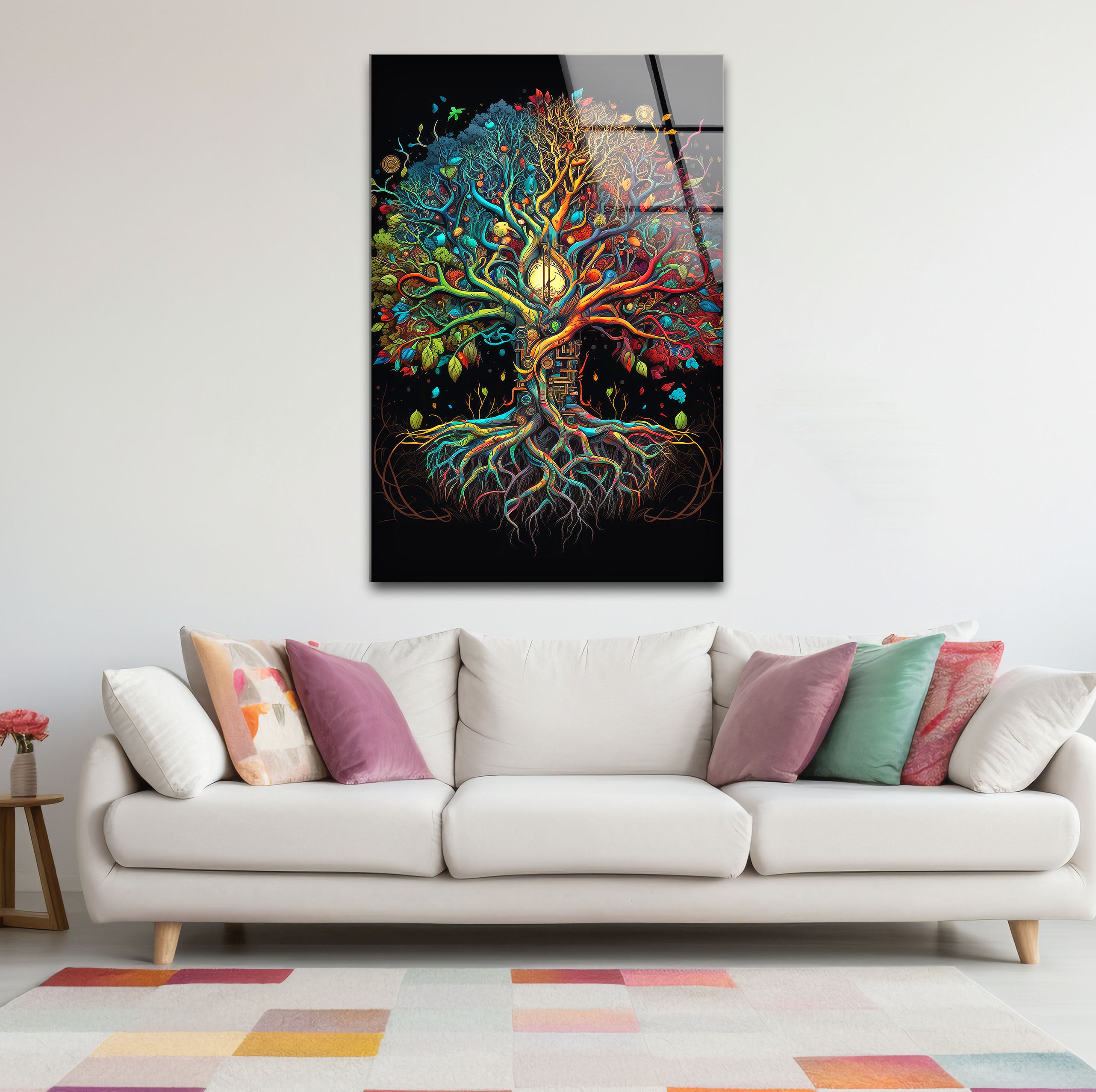 Vibrant Tree of Life Wall Art Decor - LED Illuminated Fantasy Roots Glass Painting for Living Room, Bedroom & Office Decor