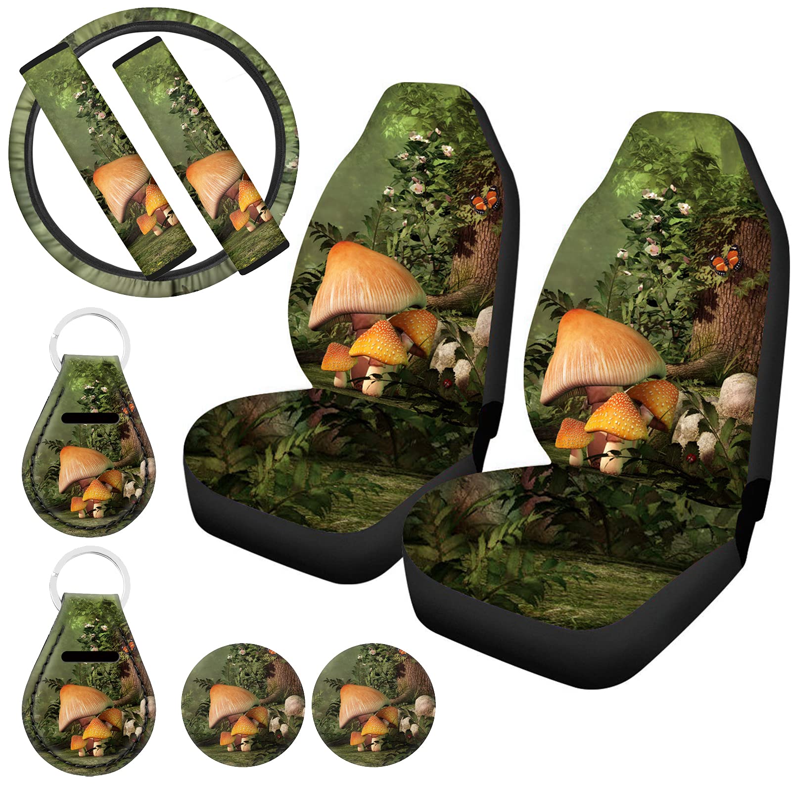 UZZUHI Green Forest Mushroom Universal Car Seat Cover Set - 9-Piece Auto Accessories with Cup Holder, Keychains, Shoulder Pad & Steering Wheel Cover | Perfect for SUV, Sedan, Truck Interior Decoration & Road Trips