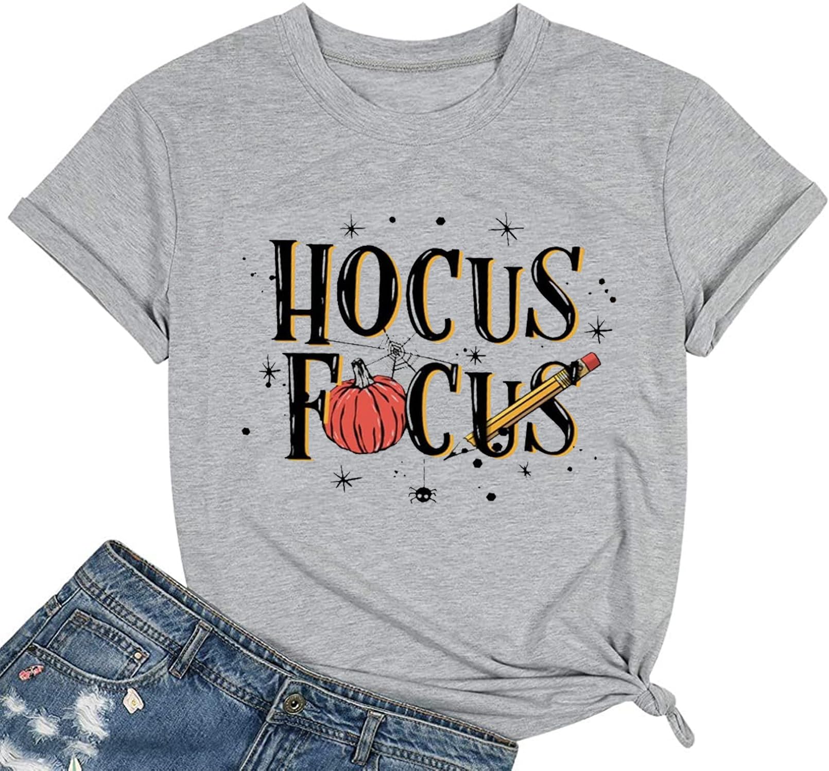 Halloween Teacher Shirts for Women - Hocus Pocus Bleached T-Shirt with Cute Pumpkin Graphic | Fall Short Sleeve Top for Classroom, Halloween Party & Autumn Outfits