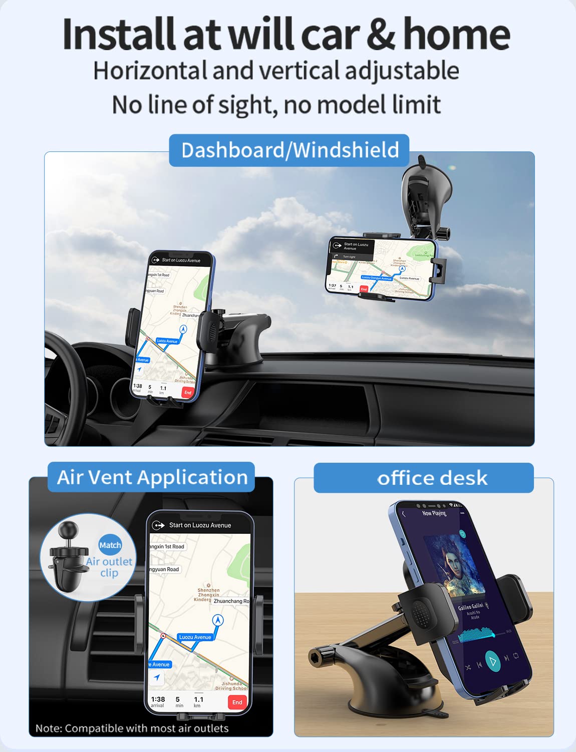 3-in-1 Car Phone Mount Holder - Ultra Durable Dashboard, Windshield & Air Vent Mount with Multi-Angle Adjustment for All Smartphones - Perfect for GPS Navigation, Hands-Free Calling & Road Trips