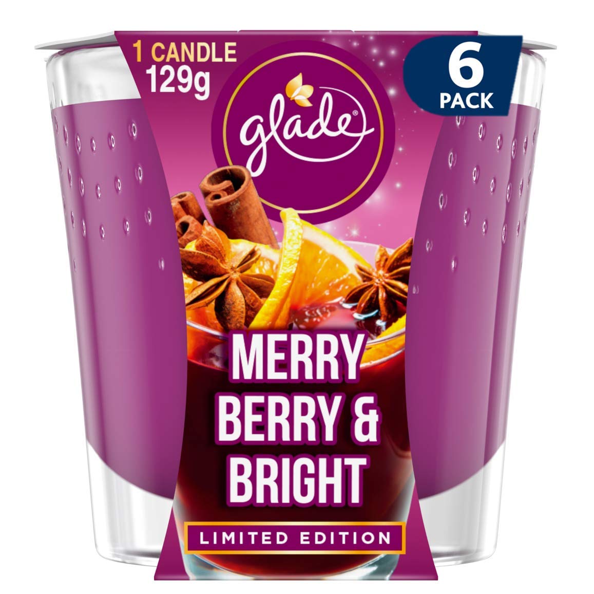 Glade Merry Berry & Bright Scented Candles Set of 6 - 129g Aromatherapy Wax Candles with 30-Hour Burn Time | Home Fragrance Gifts for Christmas, Valentine's Day & Romantic Dinners | Stress Relief Candles for Meditation, Yoga & Spa Relaxation | Perfect for Living Room, Bedroom, Bathroom & Office Decor | Creates Cozy Winter Ambiance for Family Gatherings, Date Nights, Self-Care & Holiday Celebrations | Ideal for Aromatherapy, Home Scenting, Mood Lighting & Seasonal Decorations