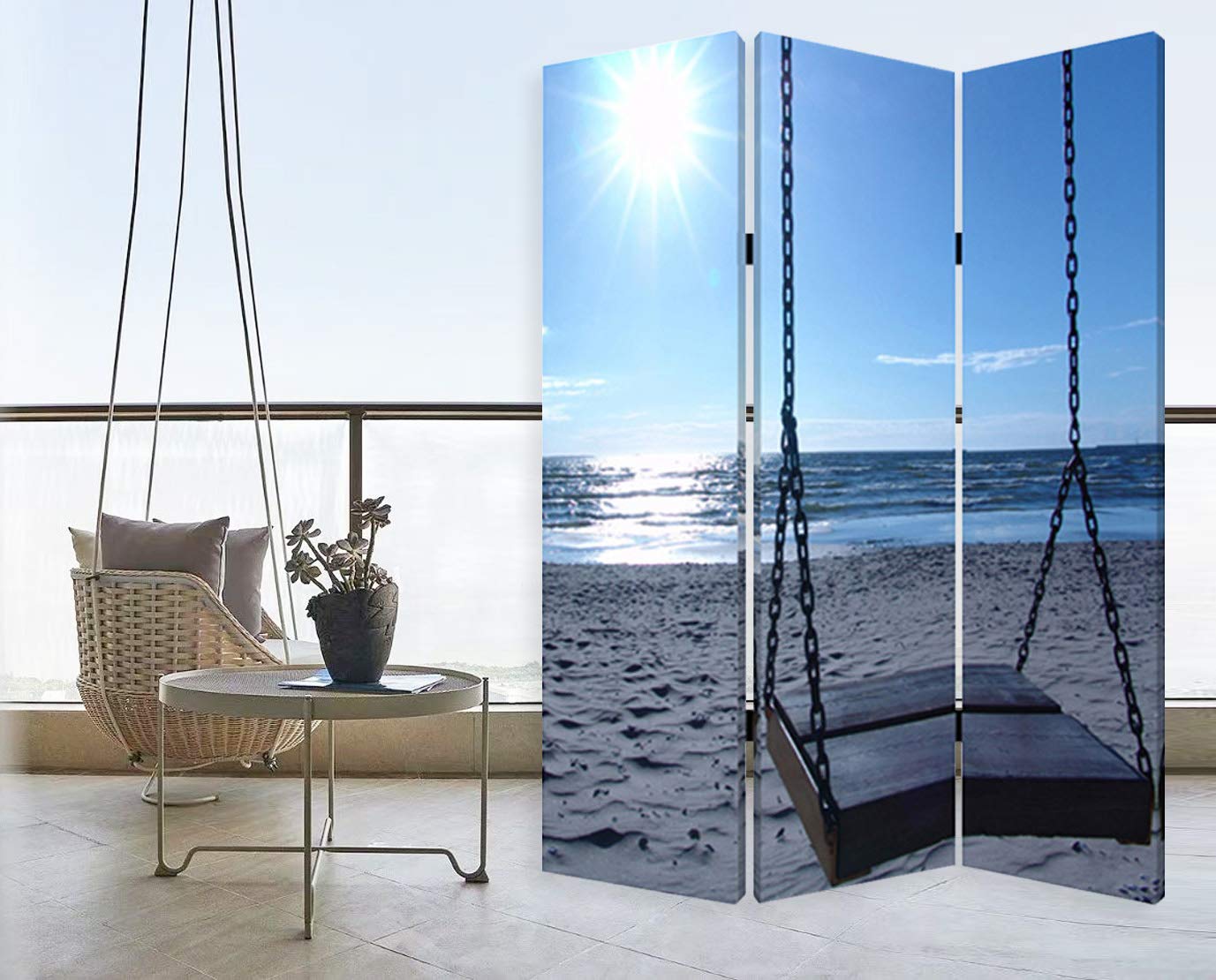 Screen Gems Seaside Serenity Room Divider - 3 Panel Folding Privacy Screen for Home & Office - Perfect for Bedroom, Living Room, and Beach House Decor