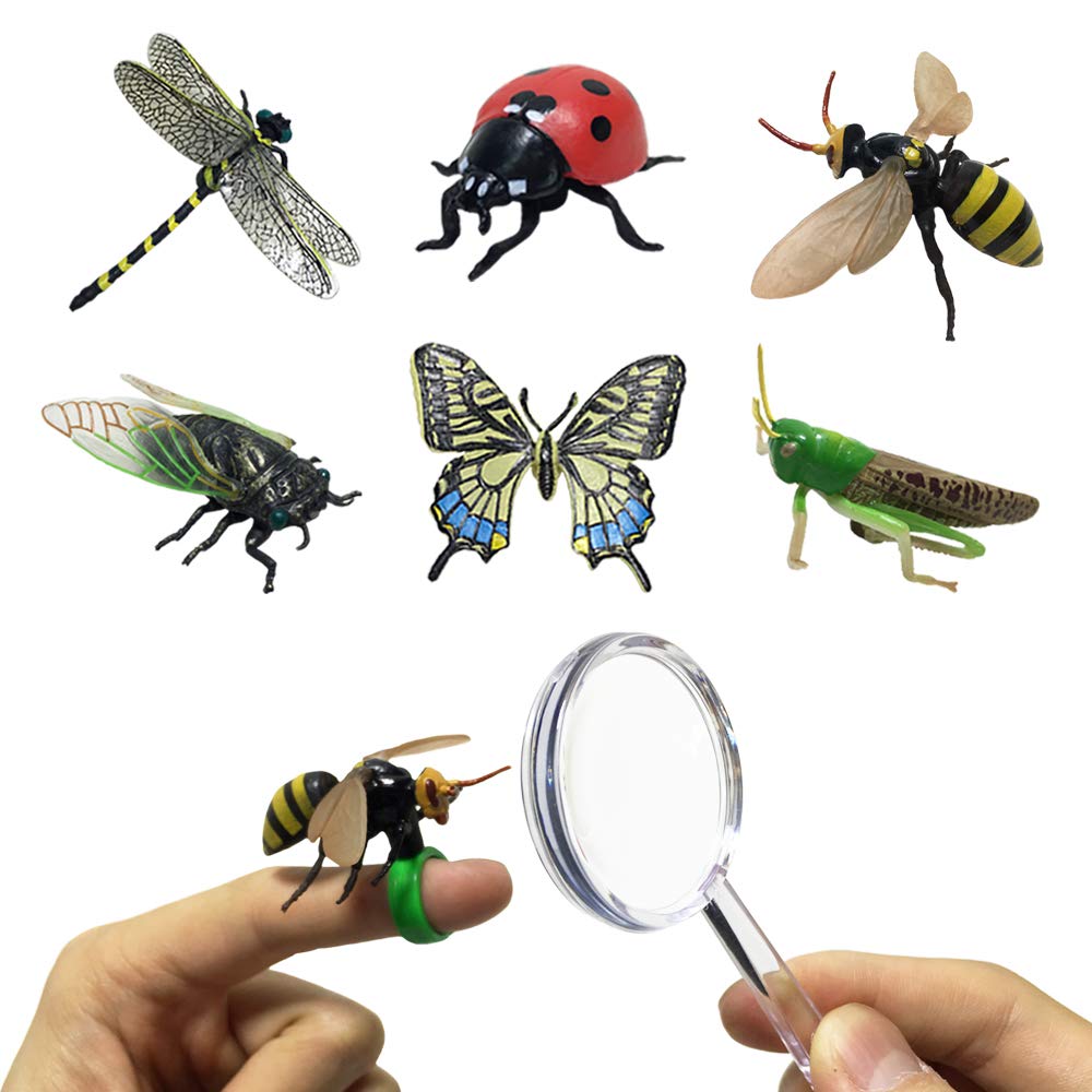 Realistic Insect Toy Figures Set - 6PCS Bug Finger Rings with Magnifying Glass | Dragonfly, Butterfly, Grasshopper, Bee, Ladybug, Cicada | Pretend Play Educational Toys for Kids Outdoor Exploration & Science Learning