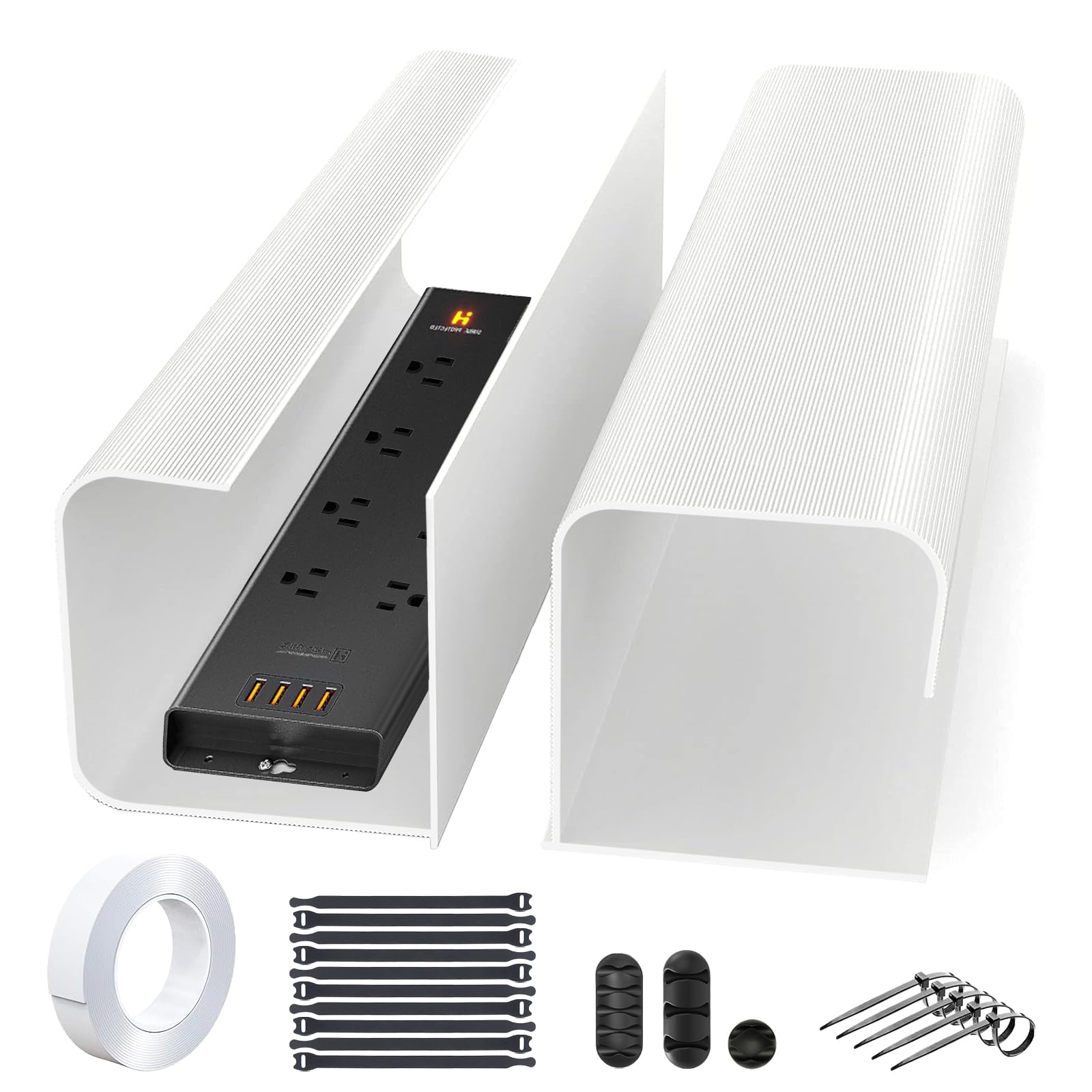 iXTRA 2 Pack Under Desk Cable Management Tray - 15.7 Inch No Screw Wire Organizer with Mounting Tape, PVC Cable Management Box for Computer Wires - Perfect for Home Office, Gaming Setup & Workspace Organization (White)