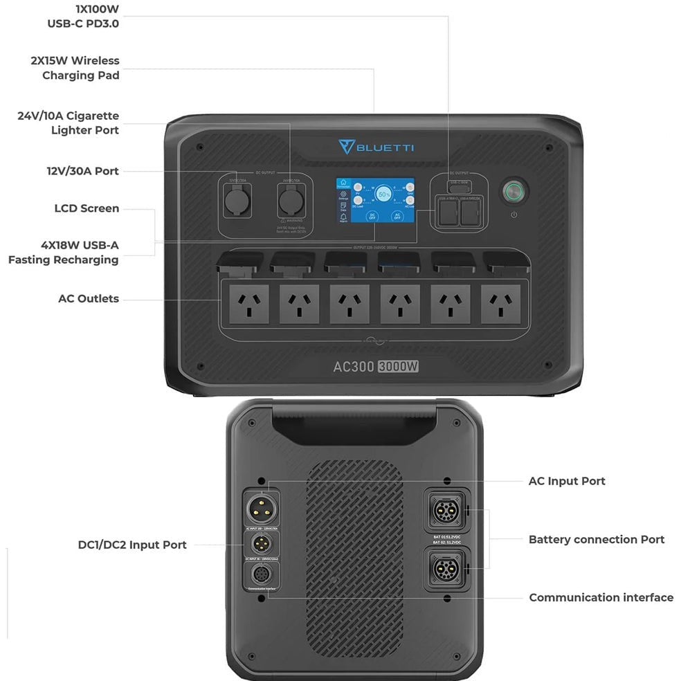 BLUETTI AC300 Expandable Solar Power Station 3000W (6000W Surge) - Portable Home Battery Backup for Camping, RV, Emergency & Off-Grid Power Supply