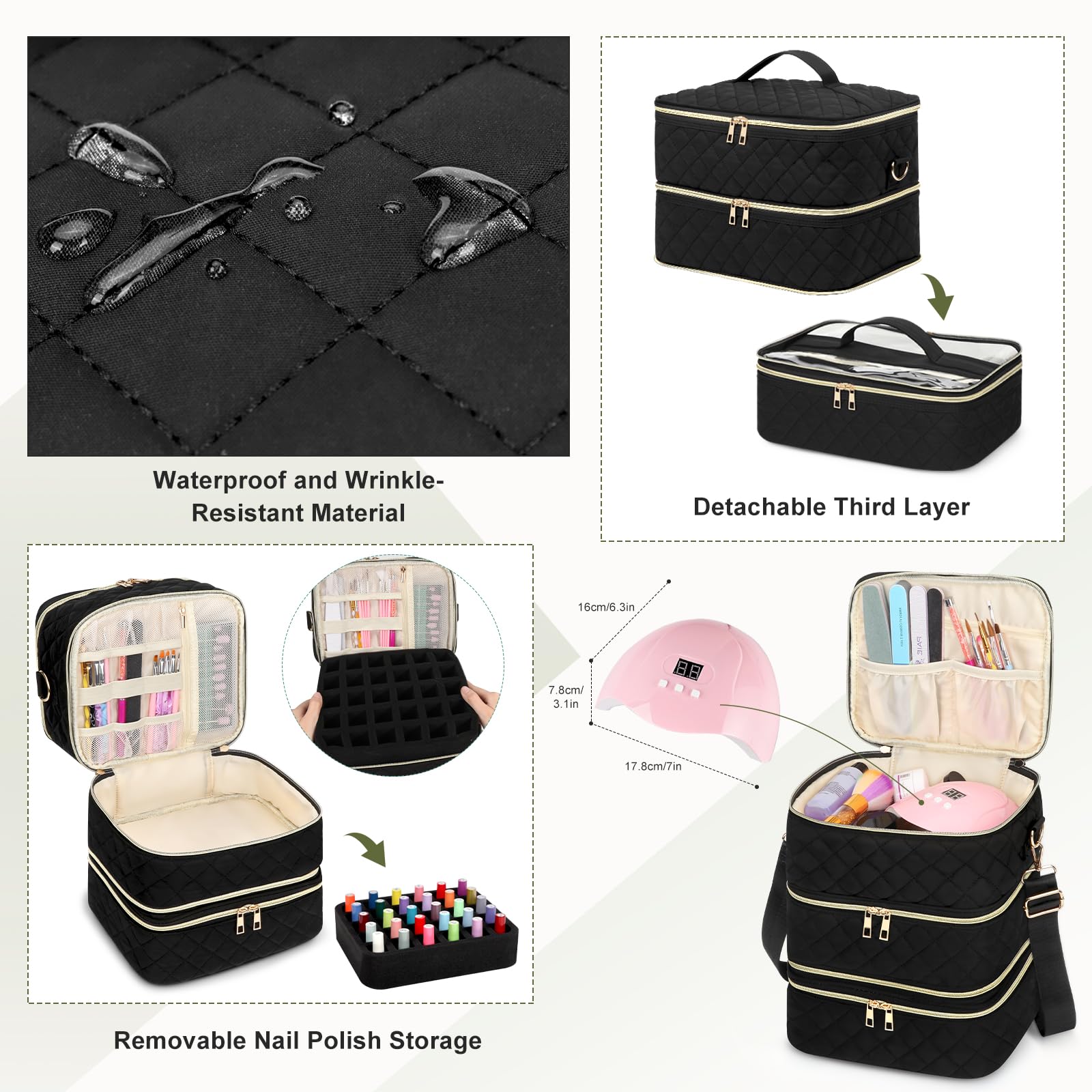 3-Tier Portable Nail Polish Organizer Case - Holds 60 Bottles & Fits Nail Lamp, Detachable Layers & Adjustable Shoulder Strap - Perfect for Salon Professionals, Home Manicures & Travel Nail Kits