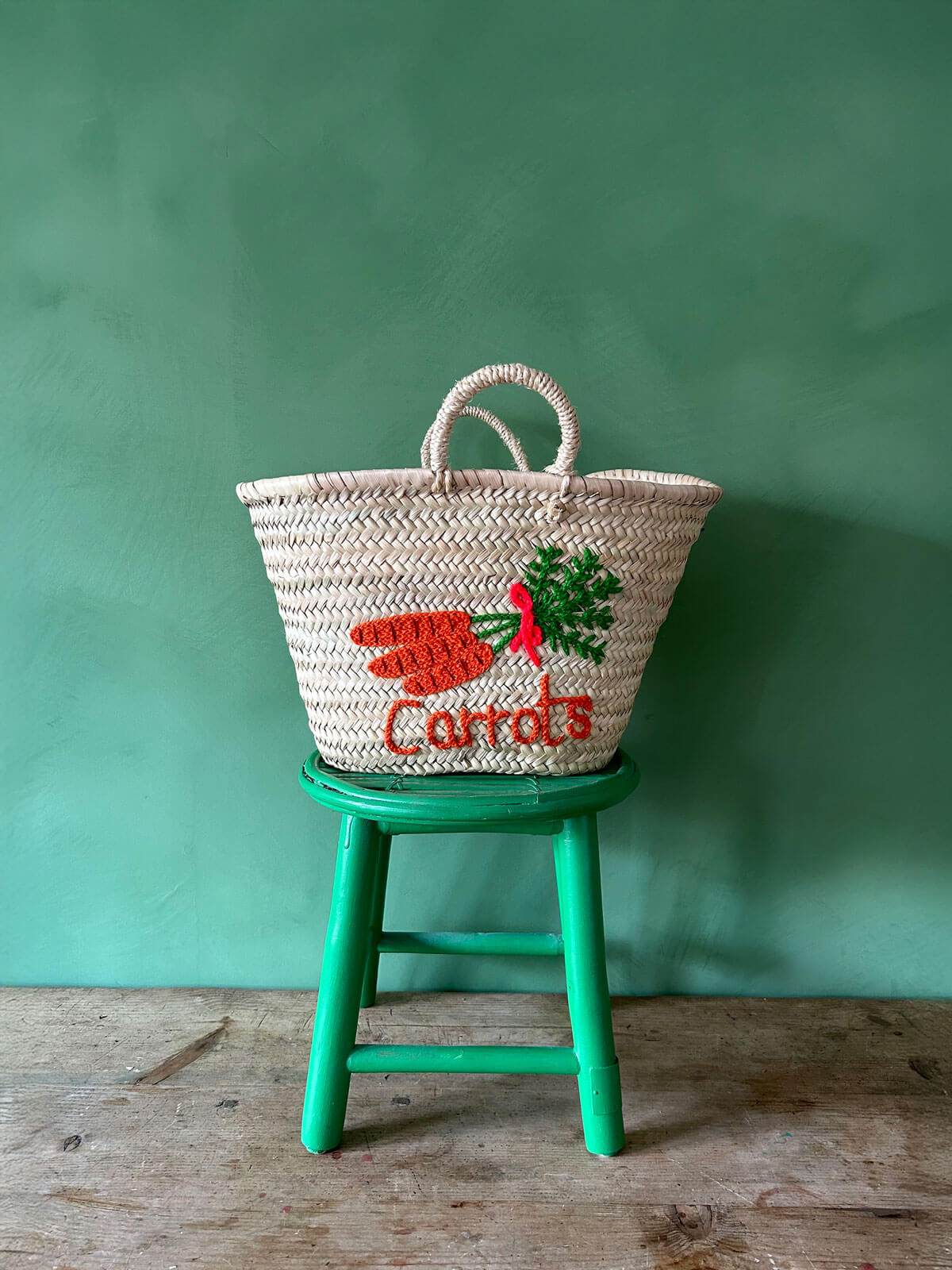 Hand Embroidered Cotton Market Basket with Carrot Design - Perfect for Farmers Market, Grocery Shopping & Picnic Essentials