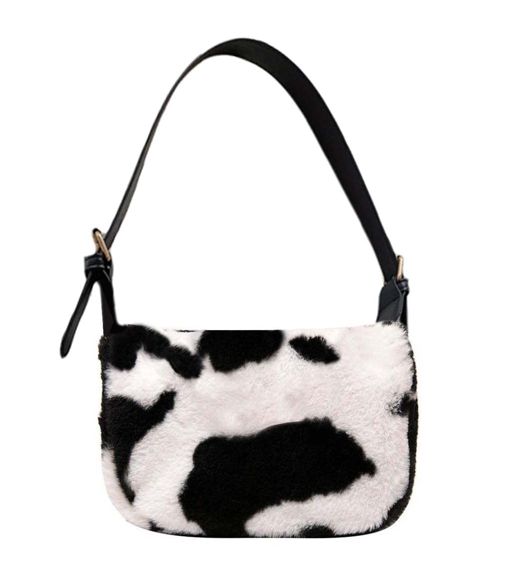 Women's Fluffy Faux Fur Cow Print Shoulder Bag - Stylish Clutch Purse & Underarm Handbag with Zipper - Perfect for Parties, Date Nights & Casual Outings