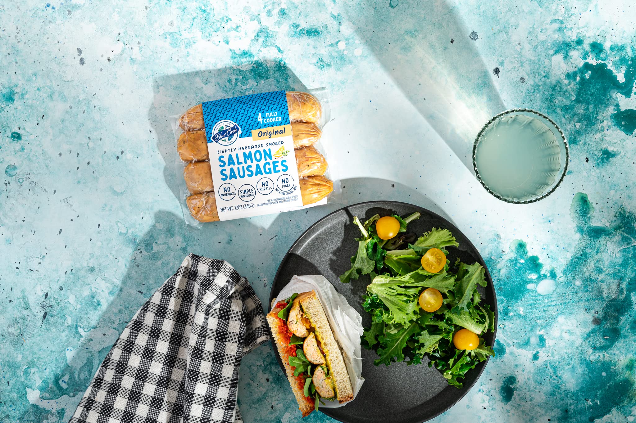 Blue Circle Foods Wild Caught Salmon Sausages | Sustainably Sourced, Fully Cooked, Lightly Hardwood Smoked (Original Flavor, 4 Packs / 16 Sausages) – Perfect for Camping, BBQs & Keto Diet Meals