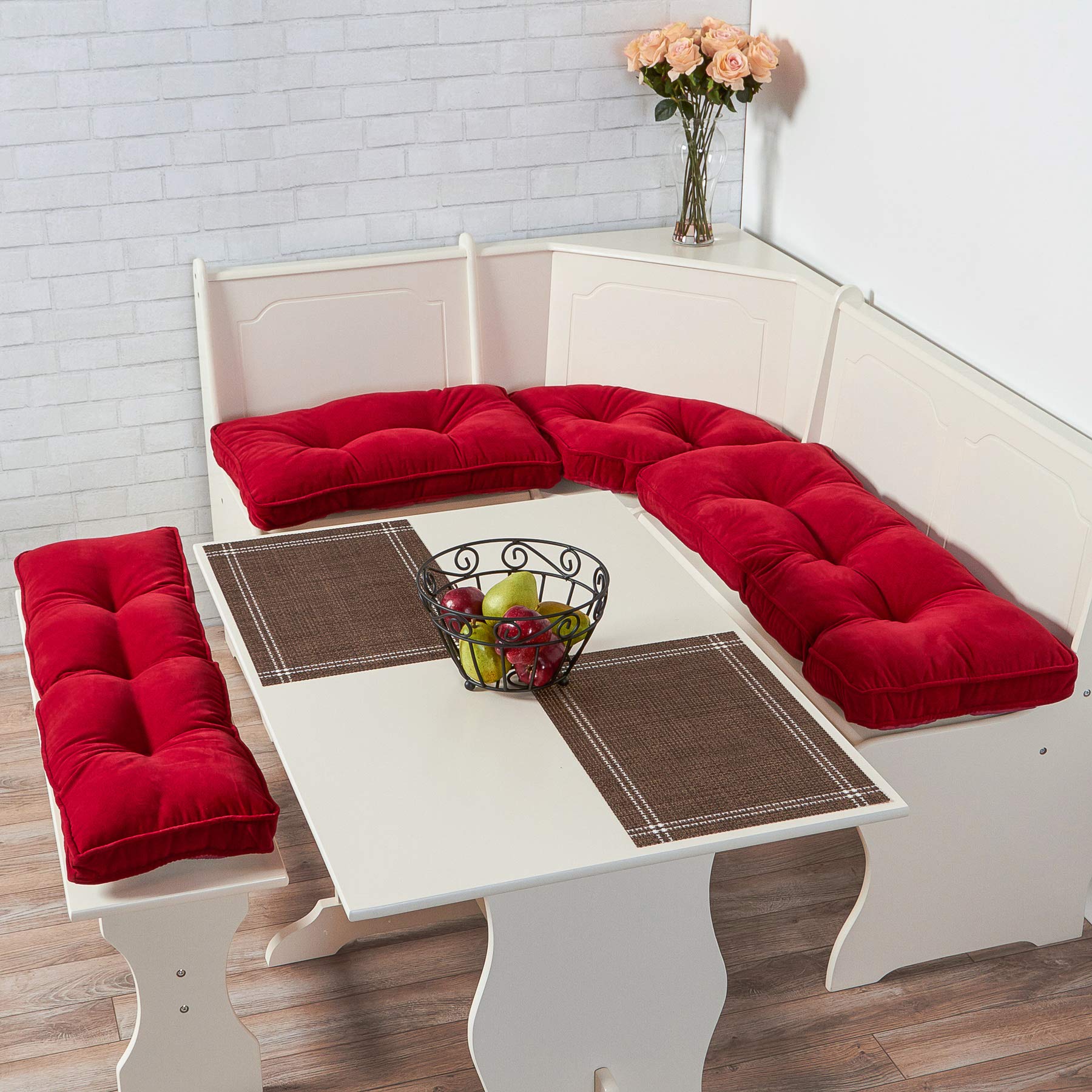 Greendale Home Fashions Hyatt Microfiber 4-Piece Kitchen Nook Cushion Set - Soft & Durable Crimson Red Bench Seat Cushions - Perfect for Breakfast Nook, Window Seat & Dining Bench
