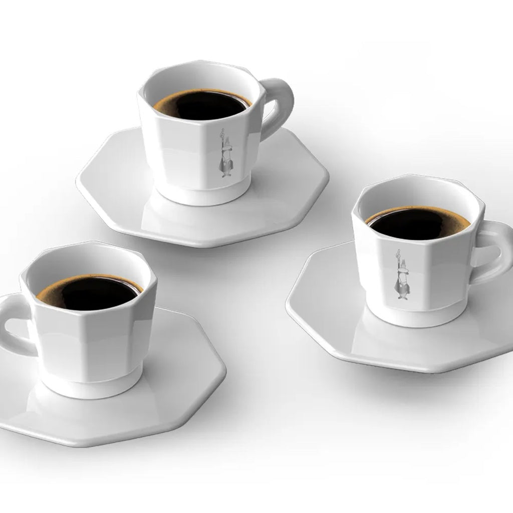 Bialetti White Octagonal Coffee Cups with Saucer - Set of 4 Ceramic Espresso Cups for Home, Cafe & Office Use | Elegant Coffee Drinking Experience