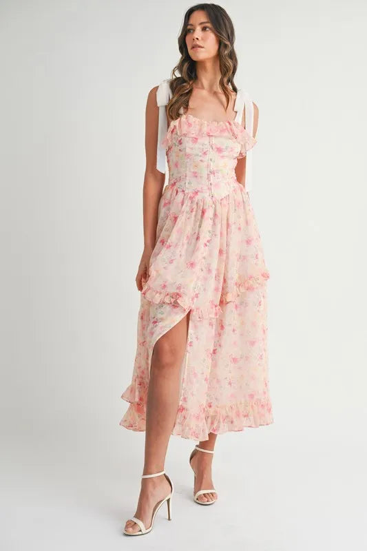 Floral Blush Pink Shoulder Strap Midi Summer Dress - Women's Flowy Boho Dress for Beach, Vacation & Date Night