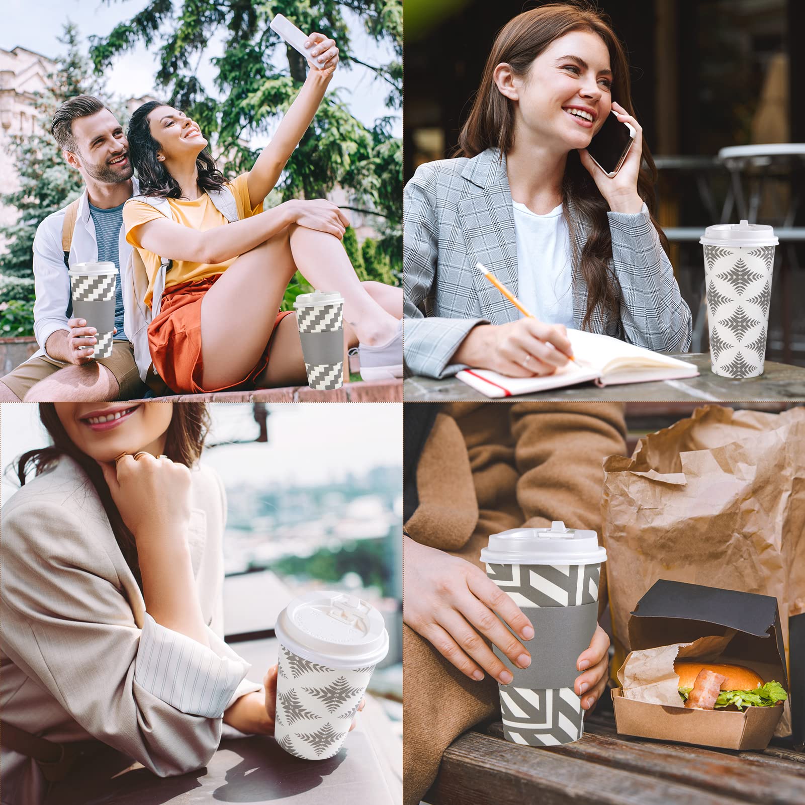 LITOPAK 100-Pack 20 oz Disposable Paper Coffee Cups with Lids, Sleeves & Straws - 4 Stylish Designs for Hot/Cold Beverages - Perfect for Home, Office, Cafe, Restaurant, and Takeout Services