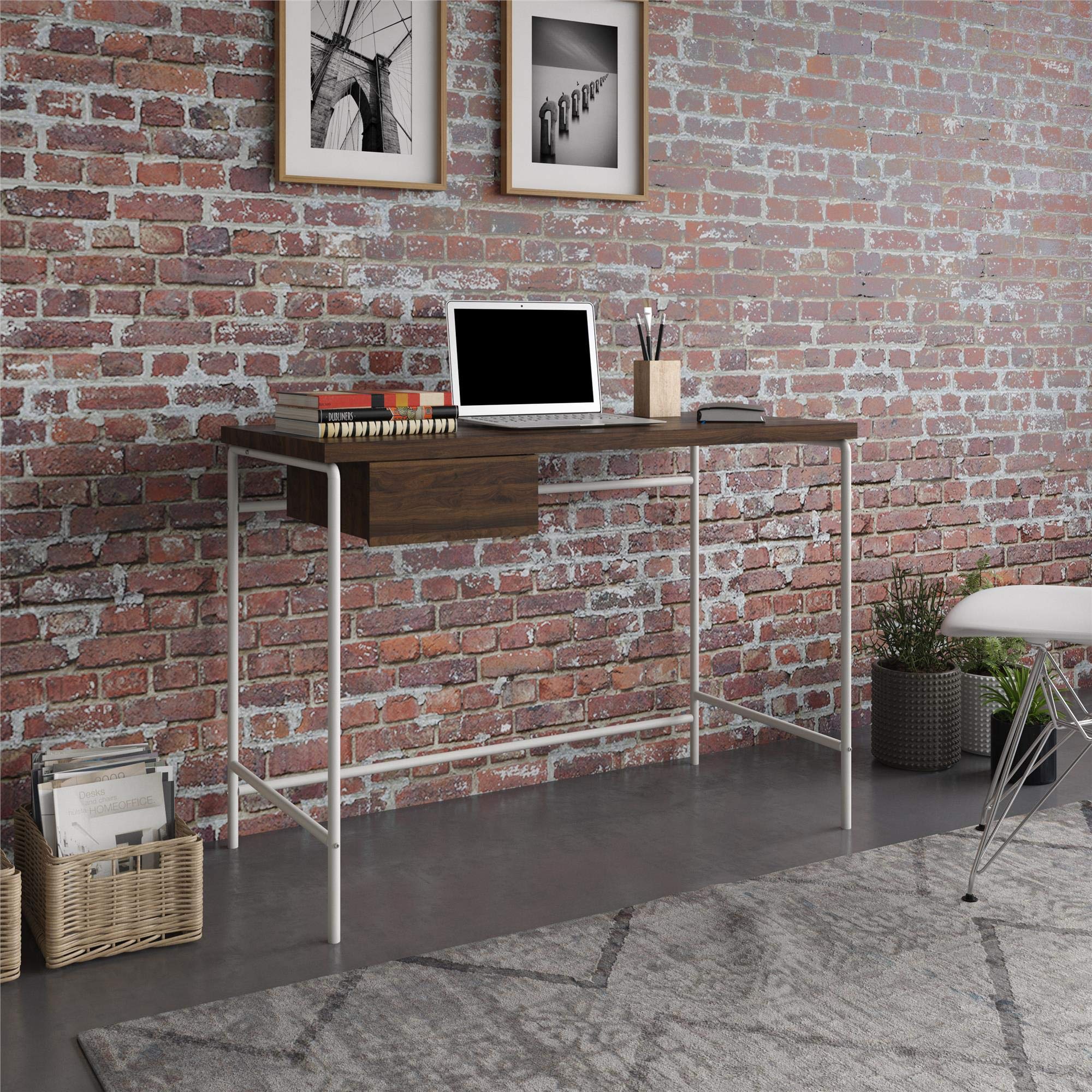 Novogratz Webster Walnut Computer Desk - Modern Home Office Desk with Storage Shelf | Perfect for Small Spaces, Work from Home & Study Rooms