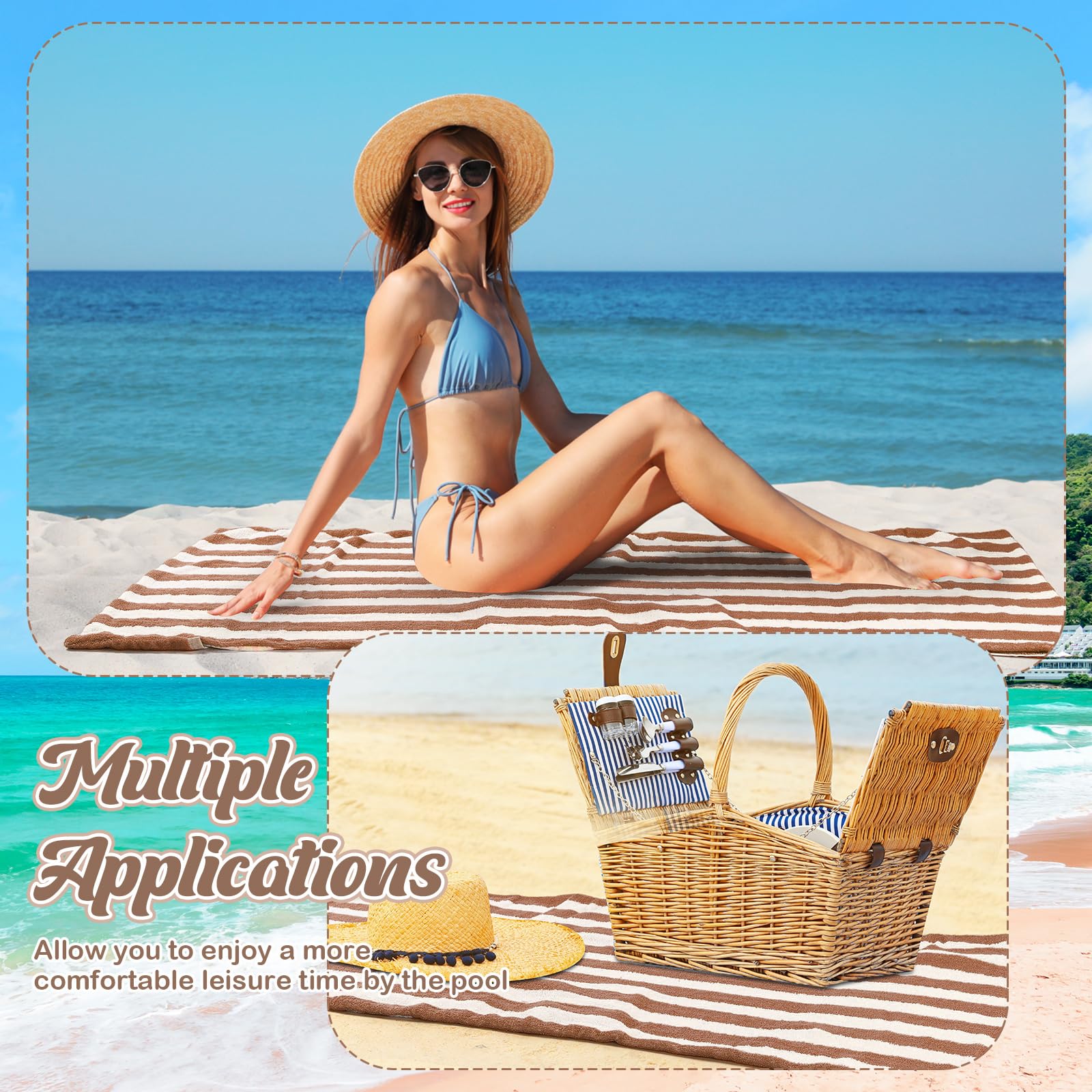 6-Piece Striped Lounge Chair Towel Covers 30x85 Inch - Large Pool Chaise Cushion Protectors with Top & Side Pockets - Waterproof Outdoor Furniture Covers for Beach, Poolside, Patio, and Indoor Use (Khaki)