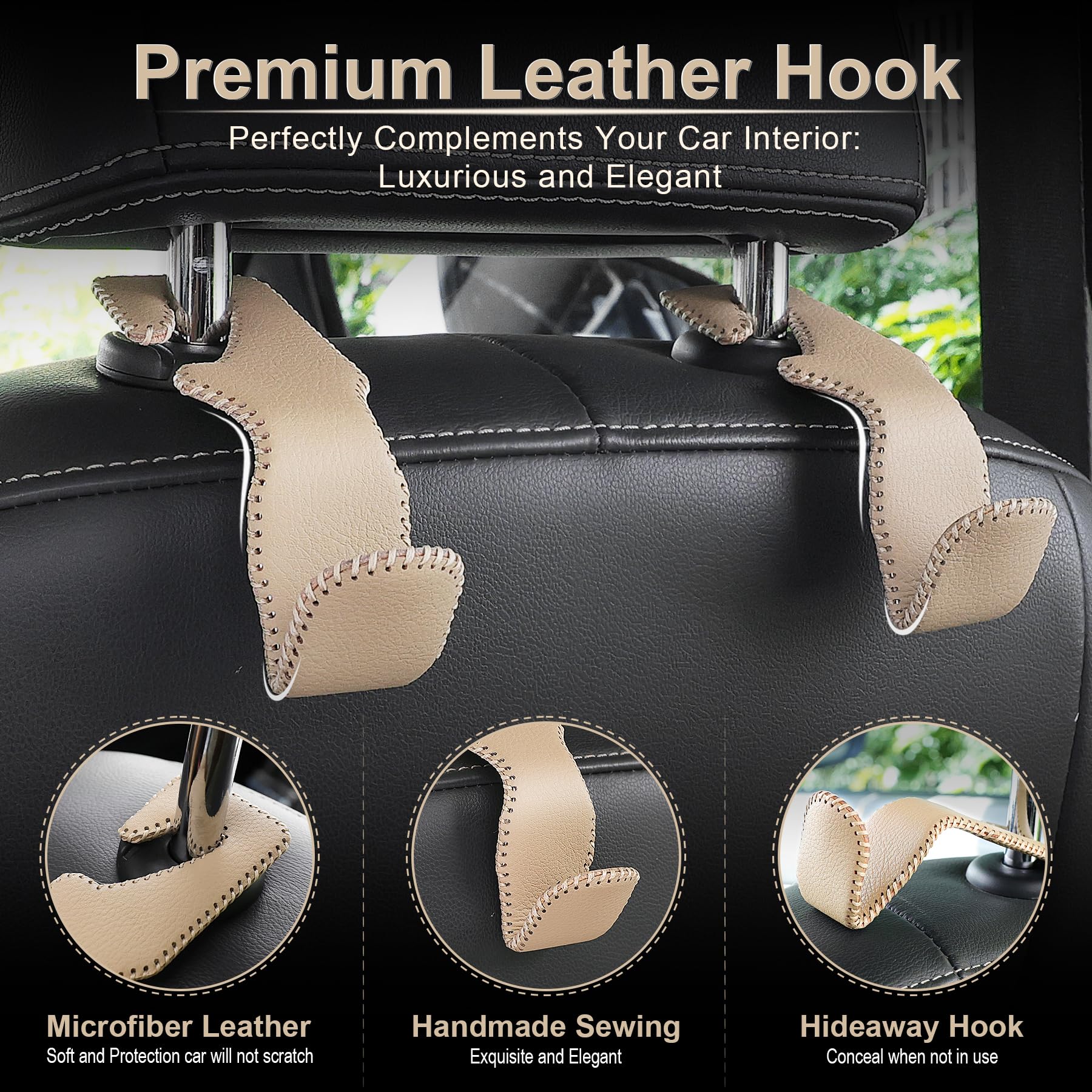 Premium Leather Car Seat Back Hook Hanger - 2 Pack, Beige - Organize Purse, Coats, Umbrellas & Grocery Bags - Perfect for Road Trips, Commuting & Shopping - Auto Interior Accessories