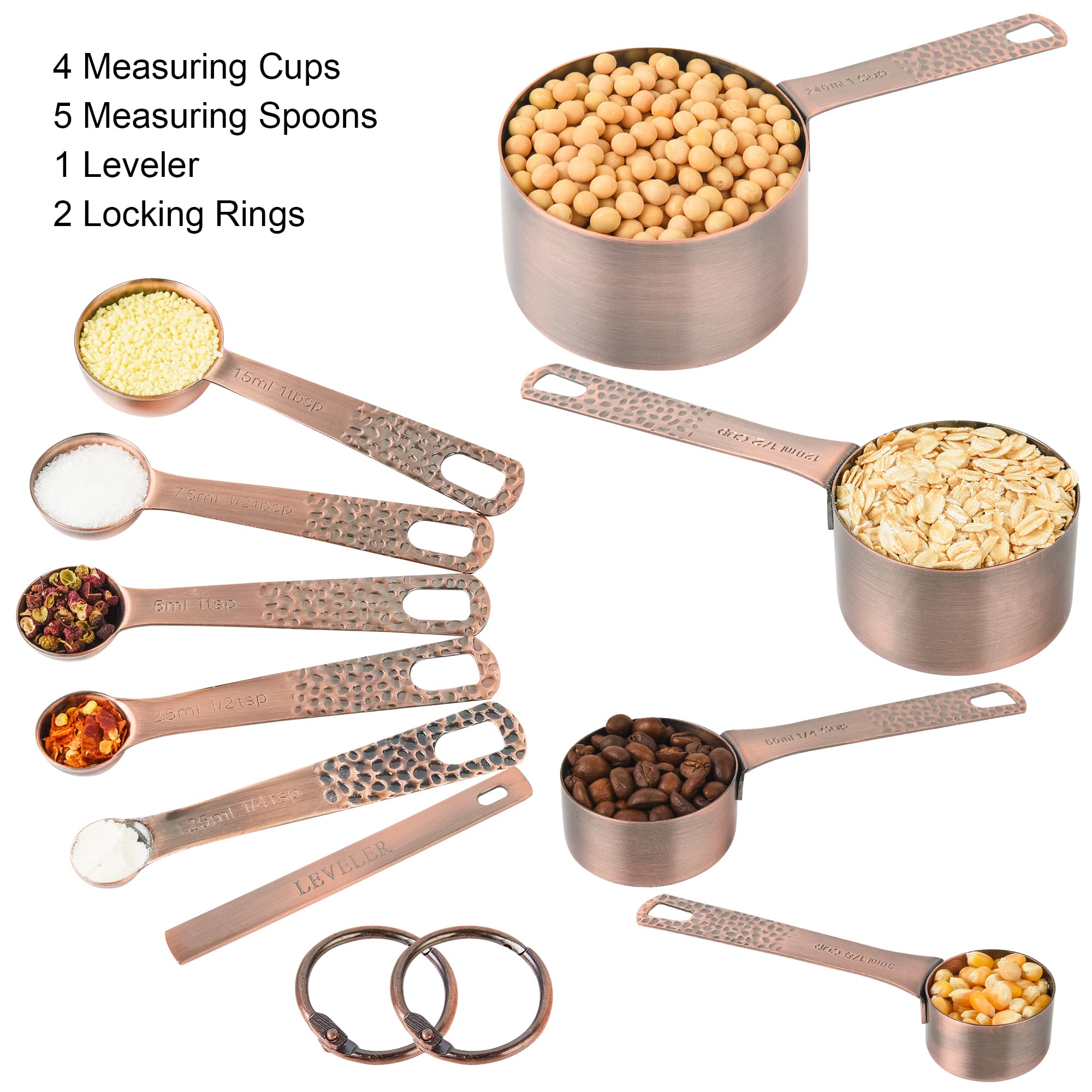 Premium 10-Piece Copper Measuring Cups and Spoons Set - Stainless Steel Nesting 4 Measuring Cups & 5 Spoons with Leveler - Essential Baking Tools for Cooking, Baking, Cake Decorating & Kitchen Measurements