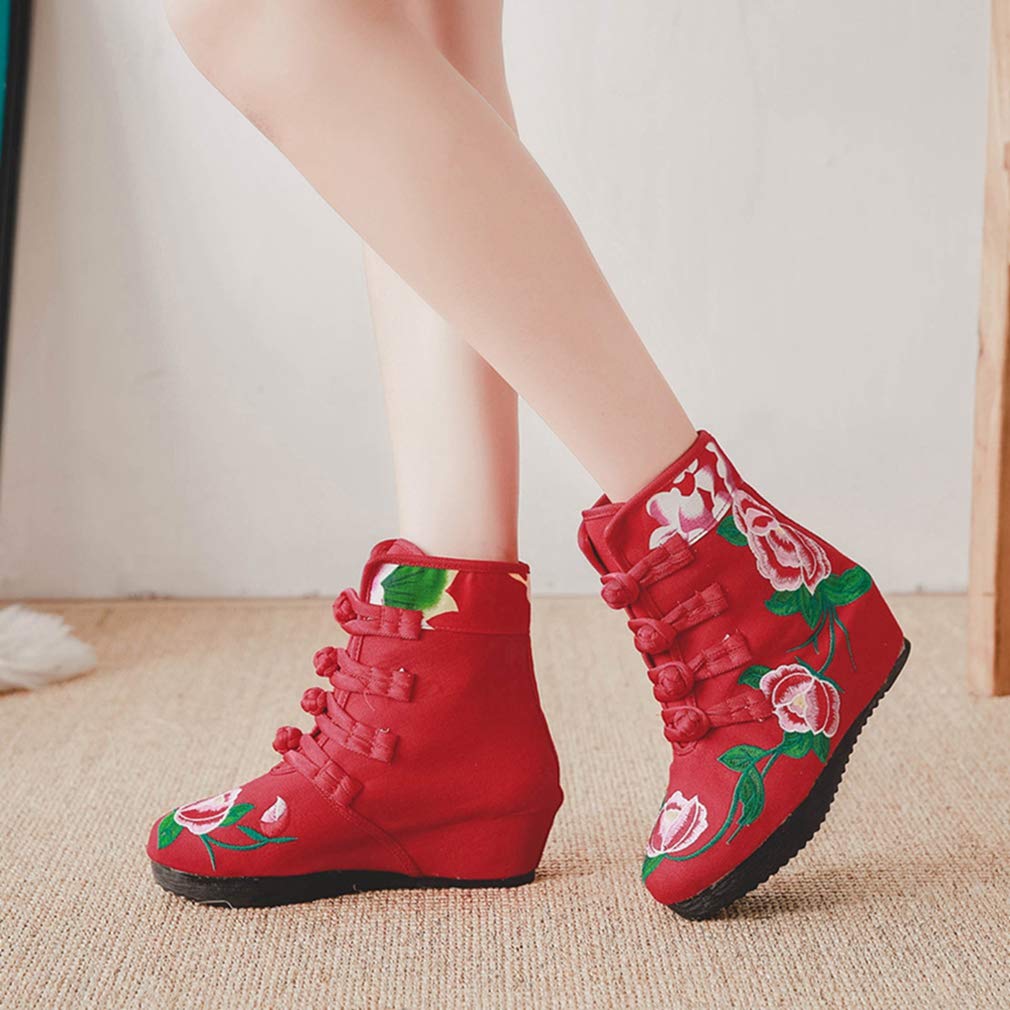 GIY Women's Embroidered Floral Wedge Ankle Boots - Retro Round Toe Buckle Booties with Mid Heel for Casual Outfits, Date Nights & Office Wear