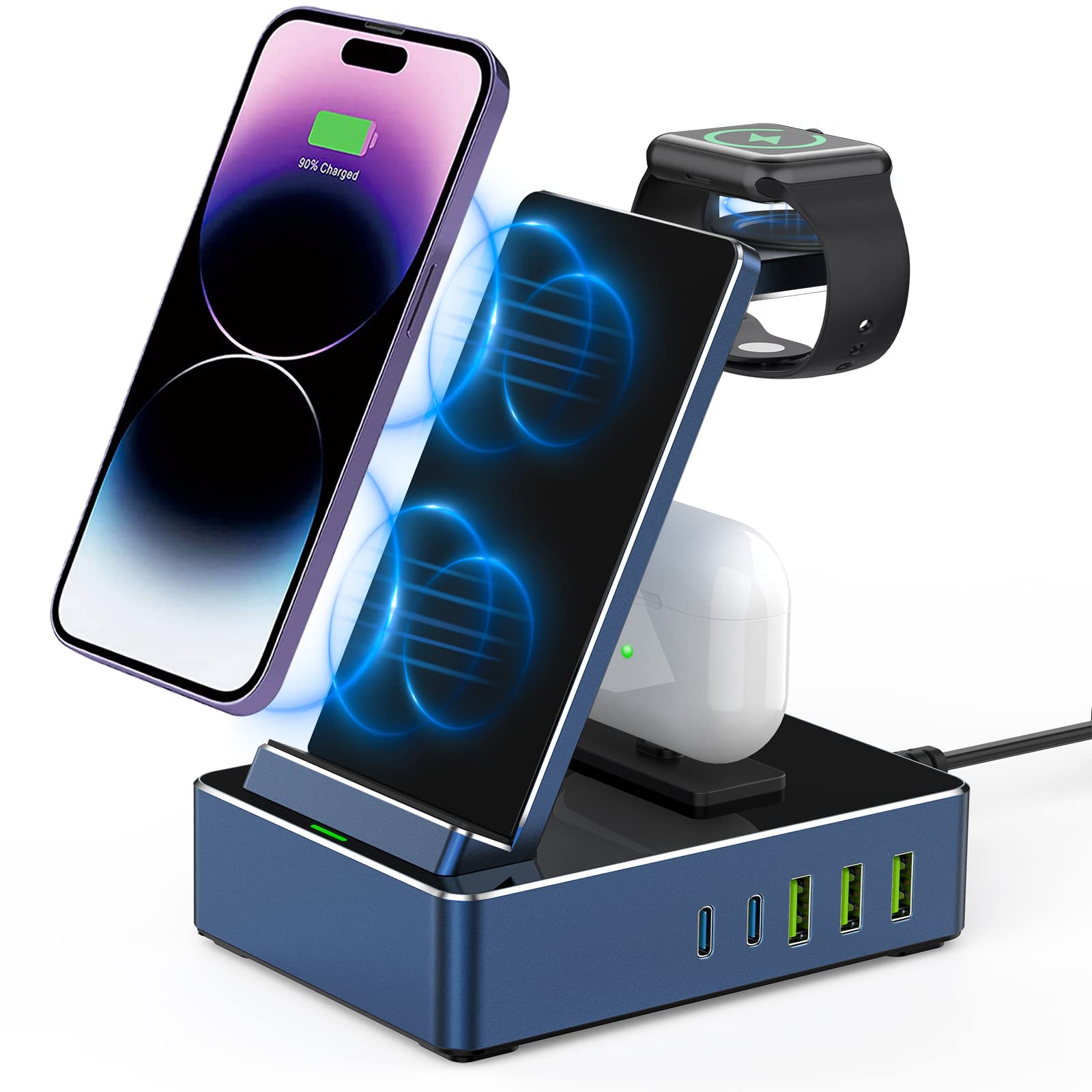 100W 8-in-1 Aluminum Wireless Charging Station - Fast USB-C Charger for iPhone, iWatch, AirPods (Blue) - Perfect for Home & Office Use
