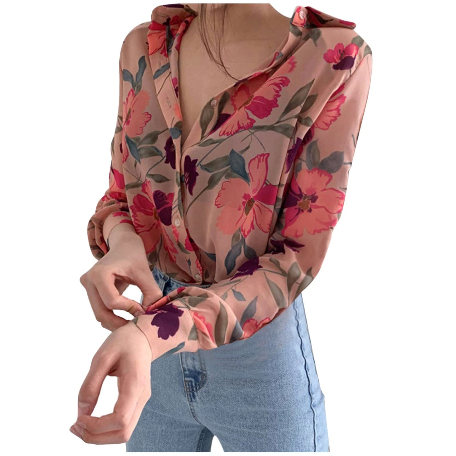 Women's Floral Print Long Sleeve Blouse - Loose Fit Button Down Shirt for Office, Business & Casual Wear | Elegant Work Tops for Professional & Everyday Outfits
