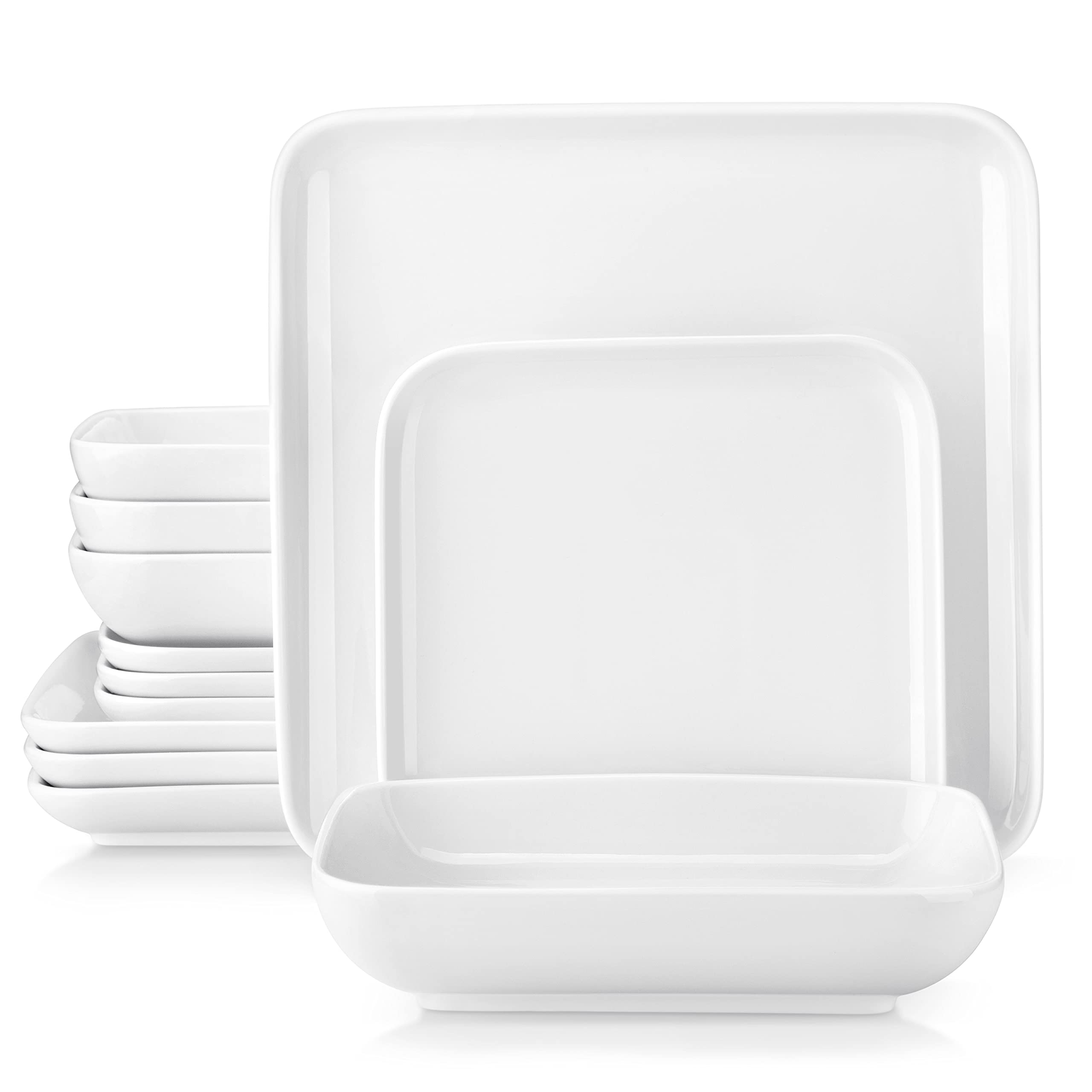 MALACASA 12-Piece Porcelain Dinnerware Set for 4 - Ivory White Square Plates & Bowls, Includes Dinner Plates, Dessert Plates & Pasta Bowls - Microwave Safe Dish Set (Series IVY) - Perfect for Family Dinners, Entertaining Guests & Everyday Meals