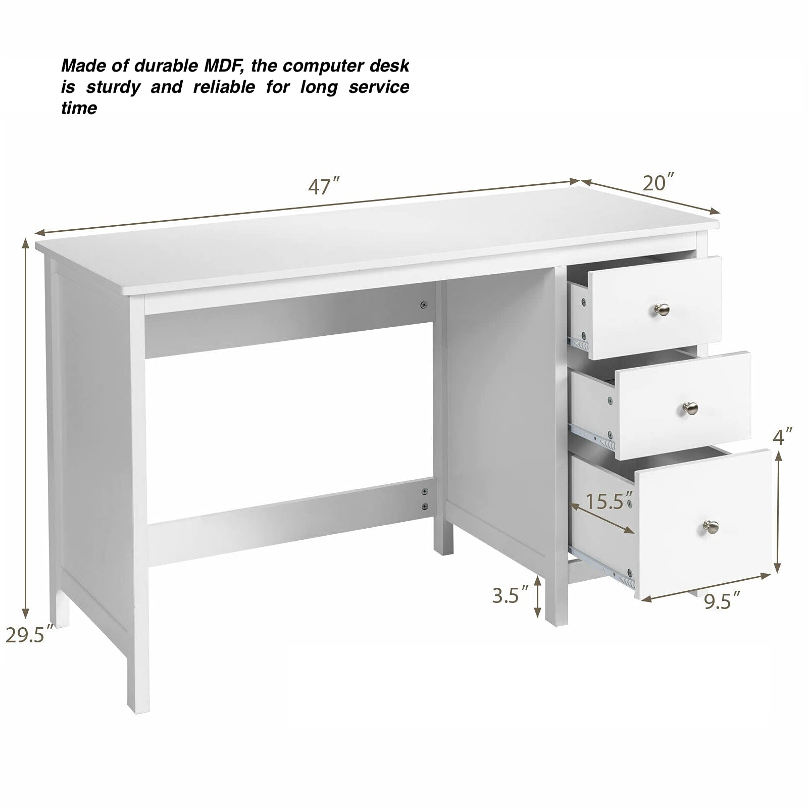 White Computer Desk with 3 Drawers - 47