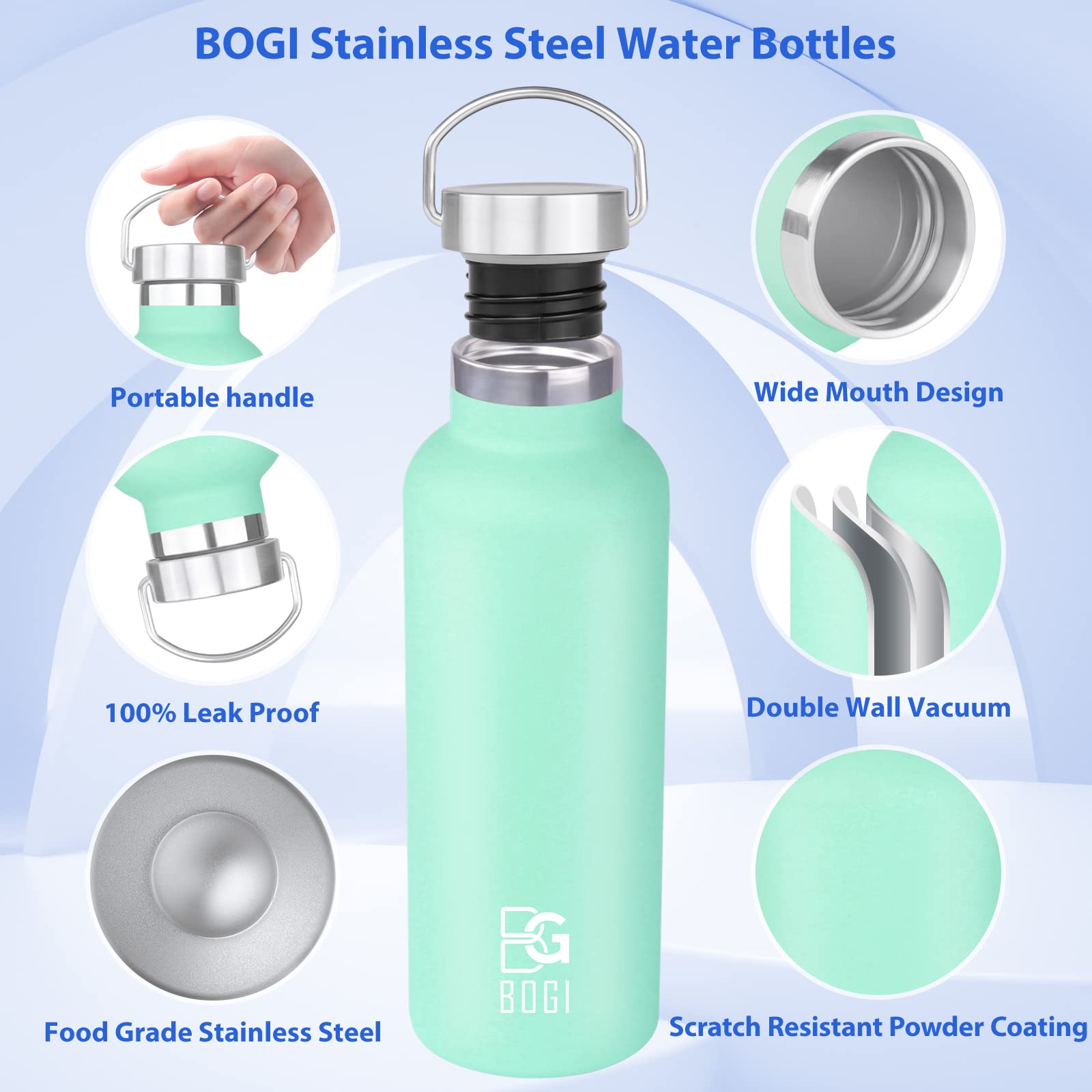 BOGI 20oz Insulated Stainless Steel Water Bottle 2 Pack - Leakproof Wide Mouth Metal Bottle with Straw & Handle, BPA Free - Perfect for School, Gym, Hiking, Camping & Outdoor Activities