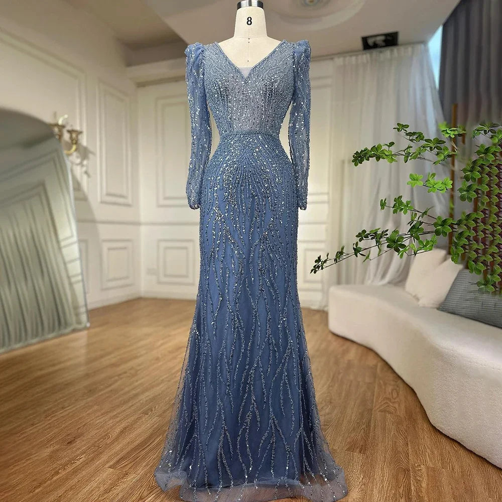 Elegant Muslim Blue Mermaid Evening Dress with Beaded Details - Luxury Arabic Gown for Women - Perfect for Weddings, Parties & Special Occasions - Serene Hill Collection 2025 LA71931